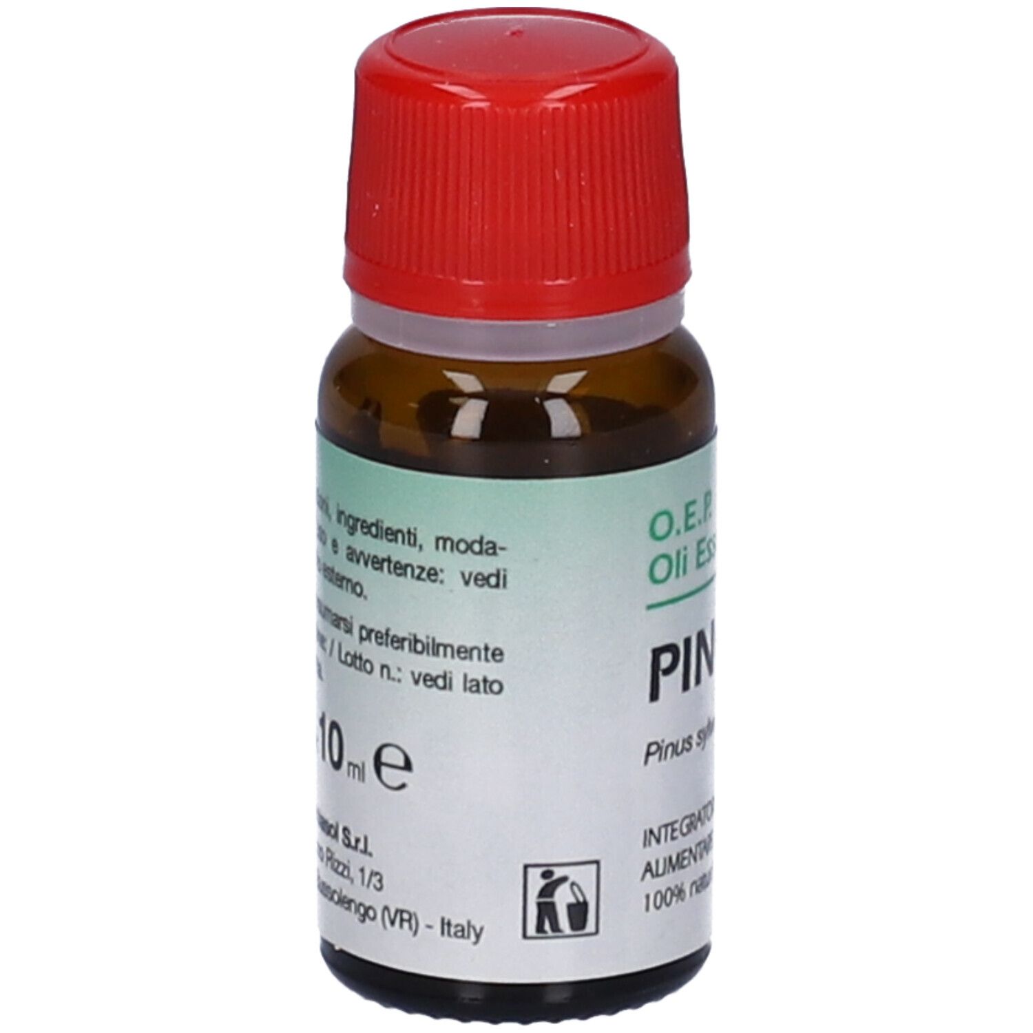 Flacone di vetro marrone con tappo rosso. Etichetta con informazioni sul prodotto. Marchio: Specchiasol. Volume: 10 ml.