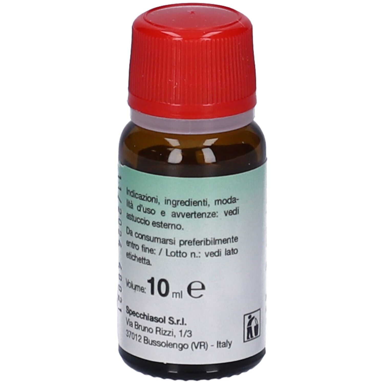 Flacone di vetro marrone con tappo rosso. Etichetta con informazioni sul prodotto. Volume: 10 ml. Marchio: Specchiasol.