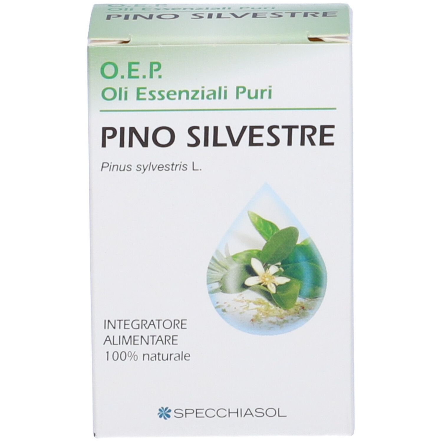 Confezione del prodotto. Bianca, con nome e logo del prodotto. Marchio: Specchiasol. Contiene un'immagine di una pianta e gocce.