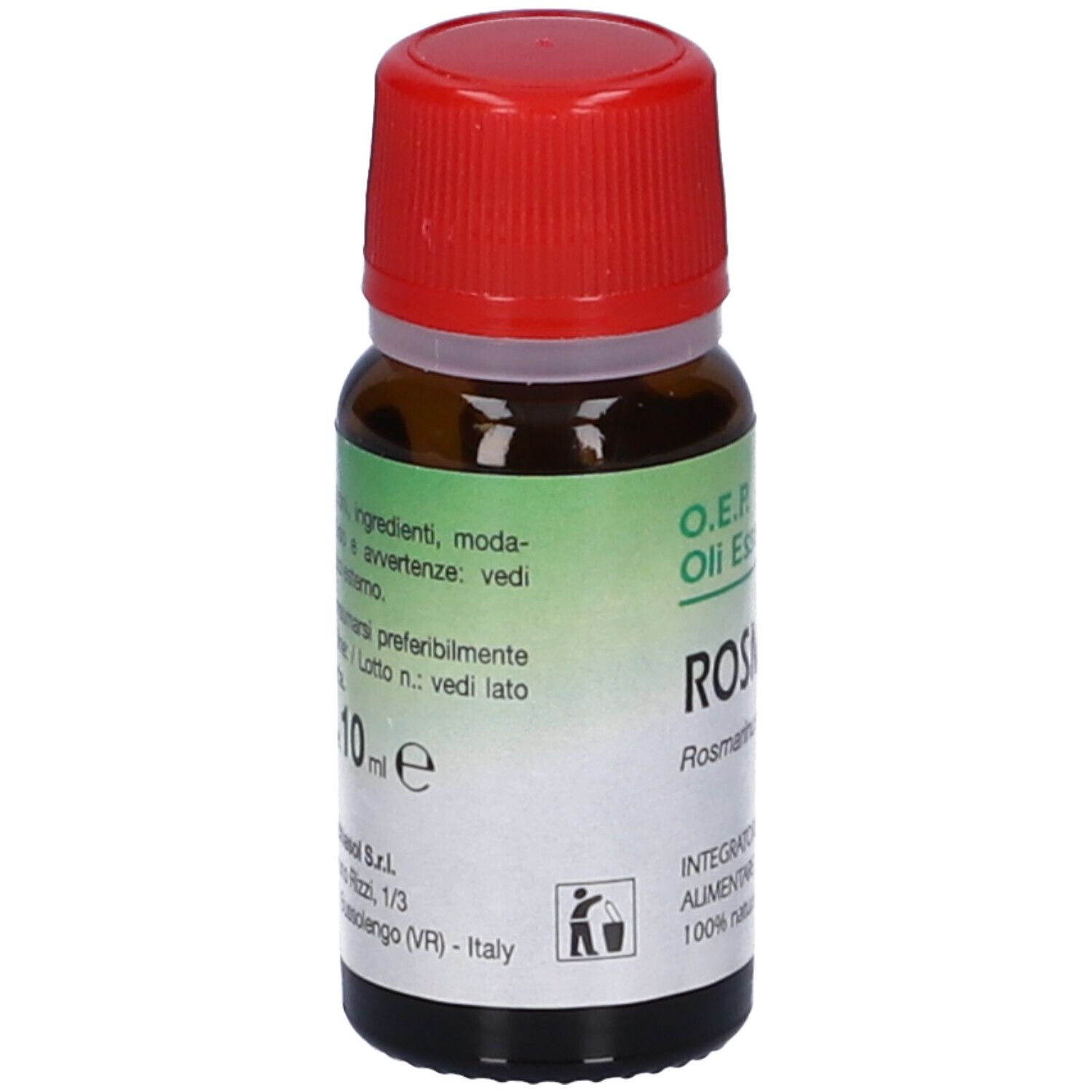 Flacone di vetro marrone con tappo rosso. Etichetta con informazioni sul prodotto. Scritta: Rosmarino, 10 ml. Marchio: Specchiasol.