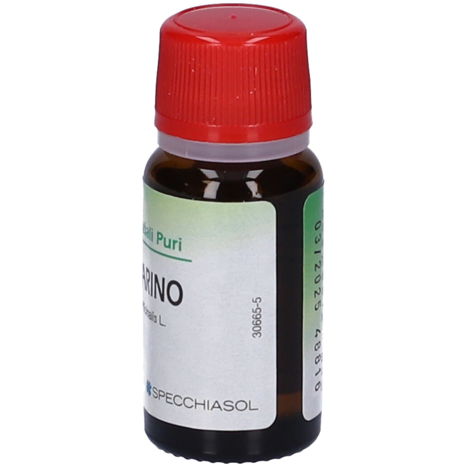 Flacone di vetro marrone con tappo rosso. Etichetta con informazioni sul prodotto. Scritta: Rosmarino, 10 ml. Marchio: Specchiasol.