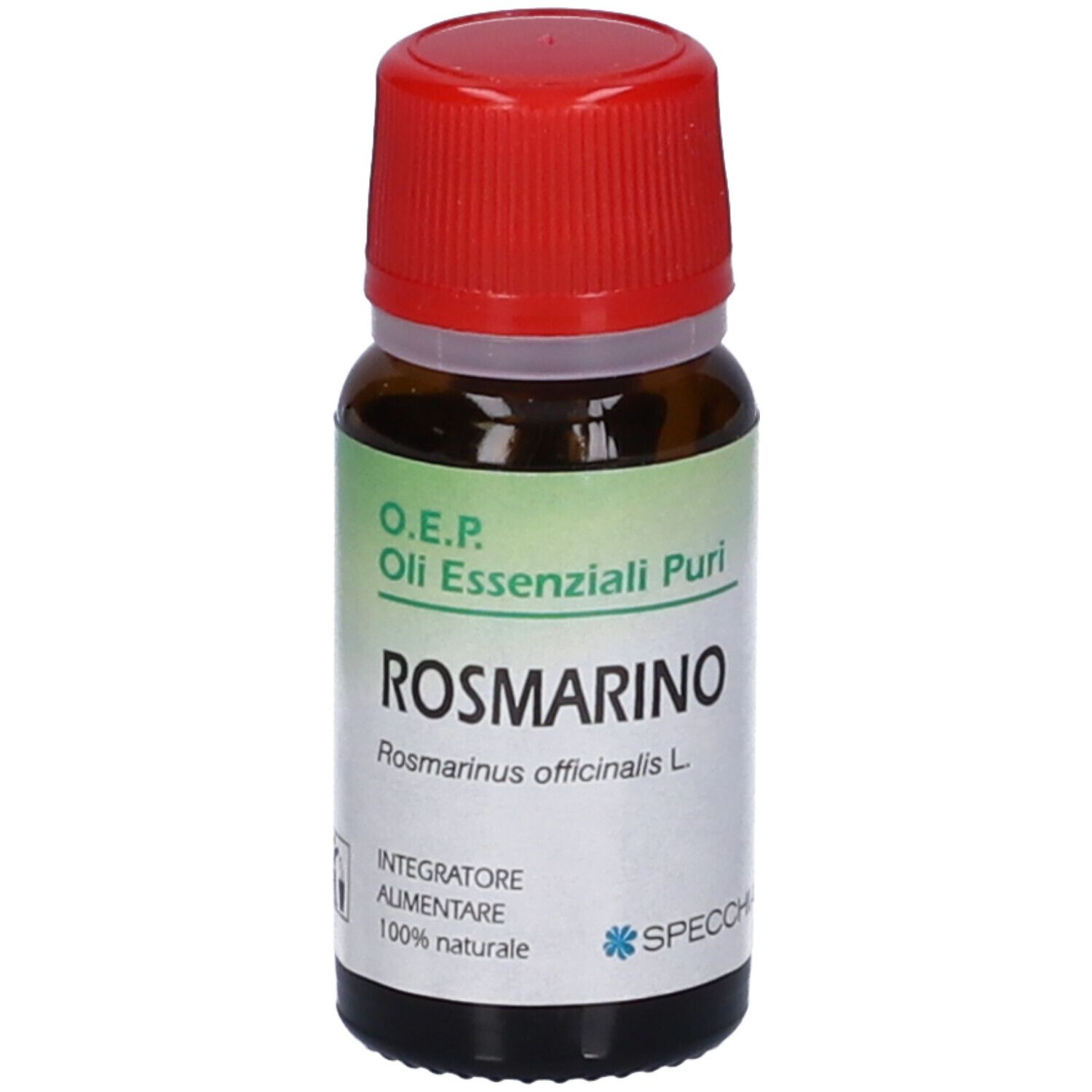 Flacone di vetro marrone con tappo rosso. Etichetta con informazioni sul prodotto. Scritta: Rosmarino, 10 ml. Marchio: Specchiasol.