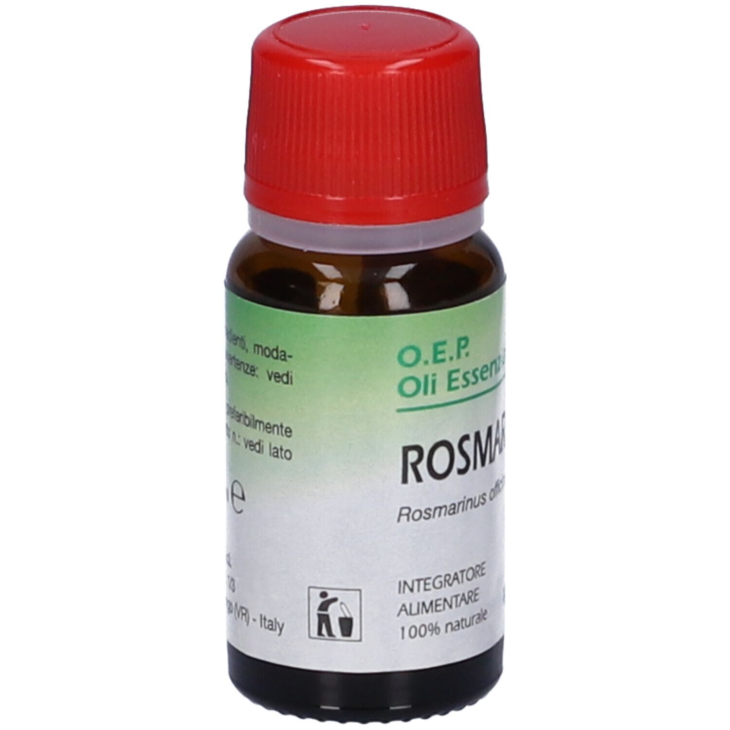 Flacone di vetro marrone con tappo rosso. Etichetta con informazioni sul prodotto. Scritta: Rosmarino, 10 ml. Marchio: Specchiasol.