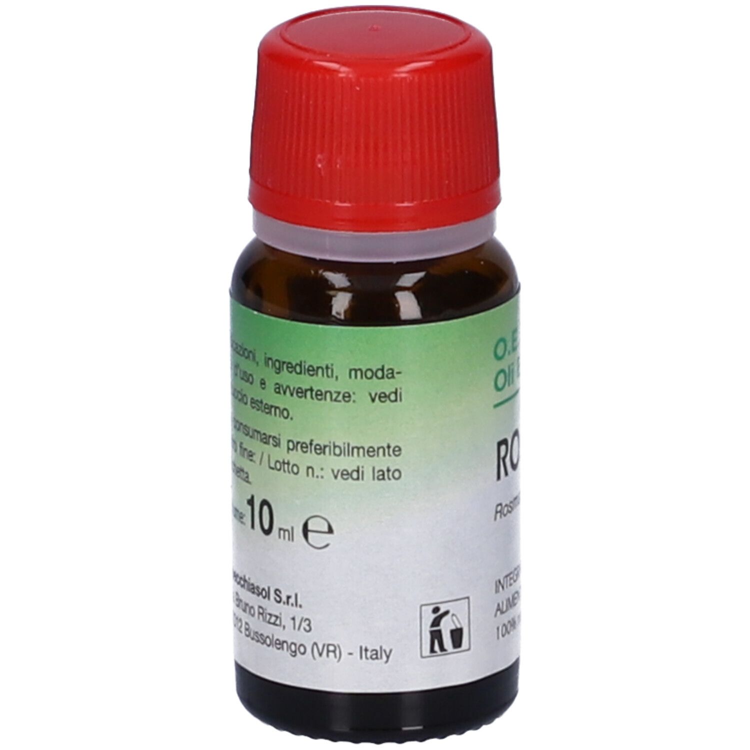 Flacone di vetro marrone con tappo rosso. Etichetta con informazioni sul prodotto. Scritta: Rosmarino, 10 ml. Marchio: Specchiasol.