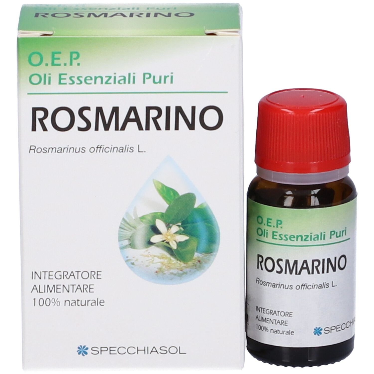 Flacone di vetro marrone con tappo rosso e scatola. Scritta: Rosmarino, 10 ml. Marchio: Specchiasol.