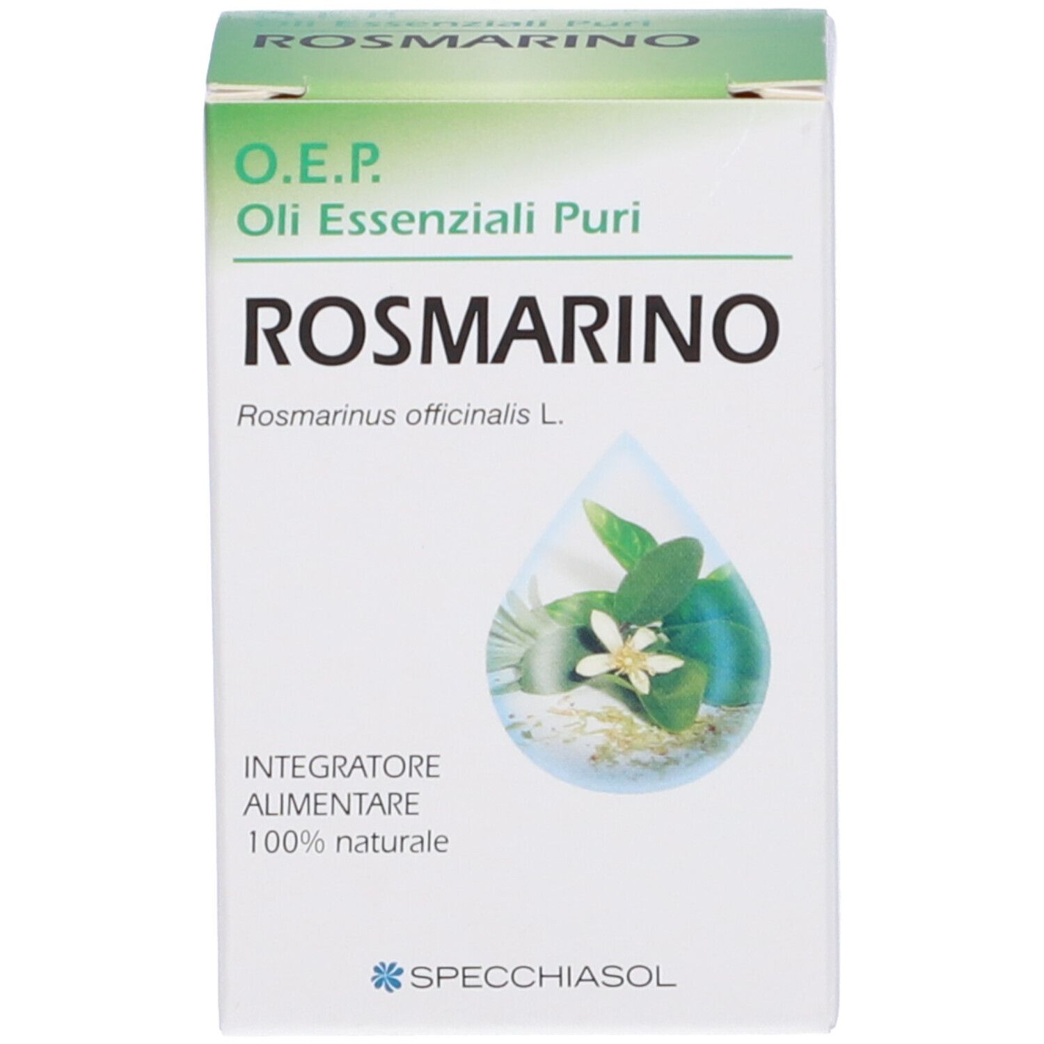 Scatola con scritta: Rosmarino, Olio Essenziale Puro. Marchio: Specchiasol.