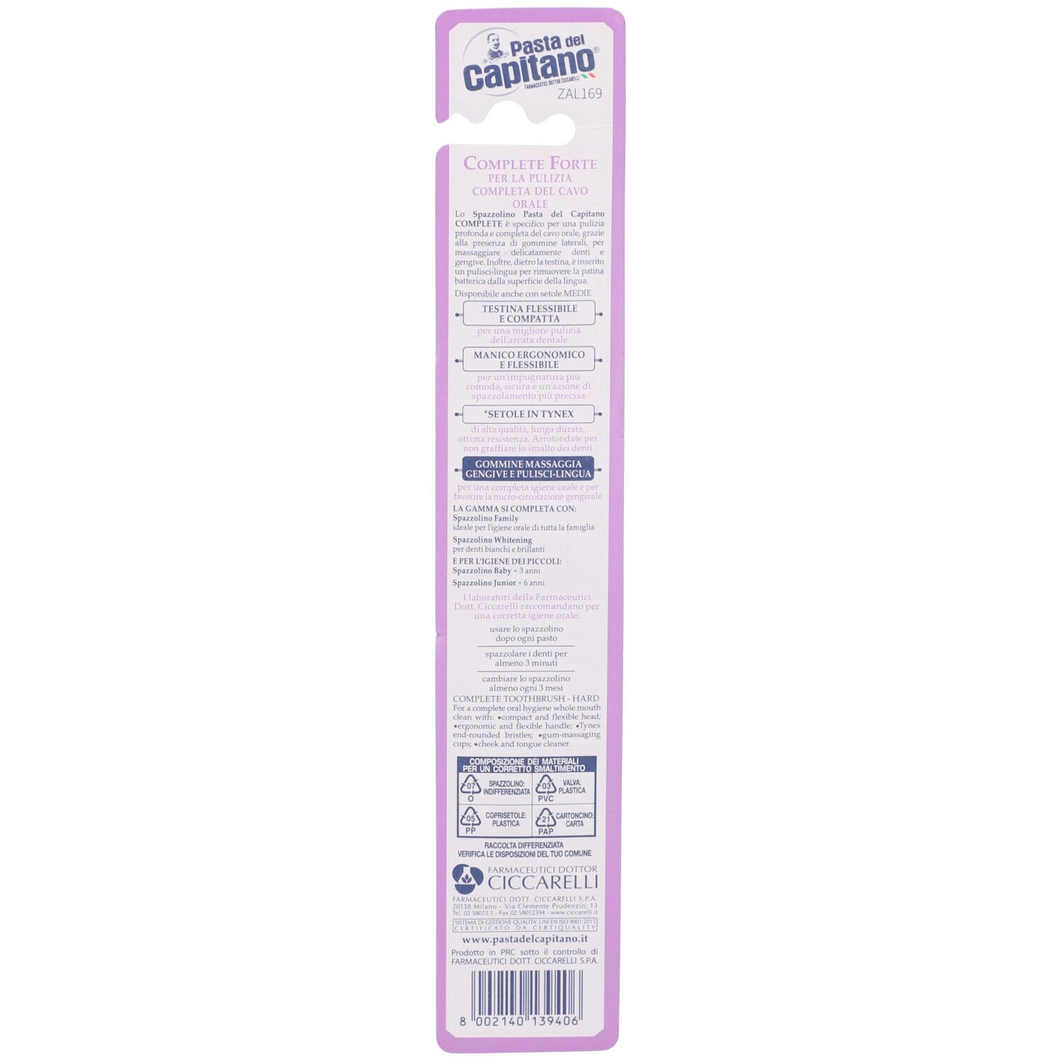 Confezione dello spazzolino con informazioni e testo.