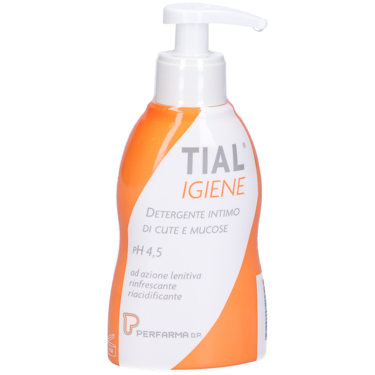 Erogatore bianco con pompa dosatrice. Corpo della bottiglia arancione. Testo: TIAL, IGINE, Detergente intimo, pH 4,5, ad azione lenitiva, rinfrescante, riacidificante.