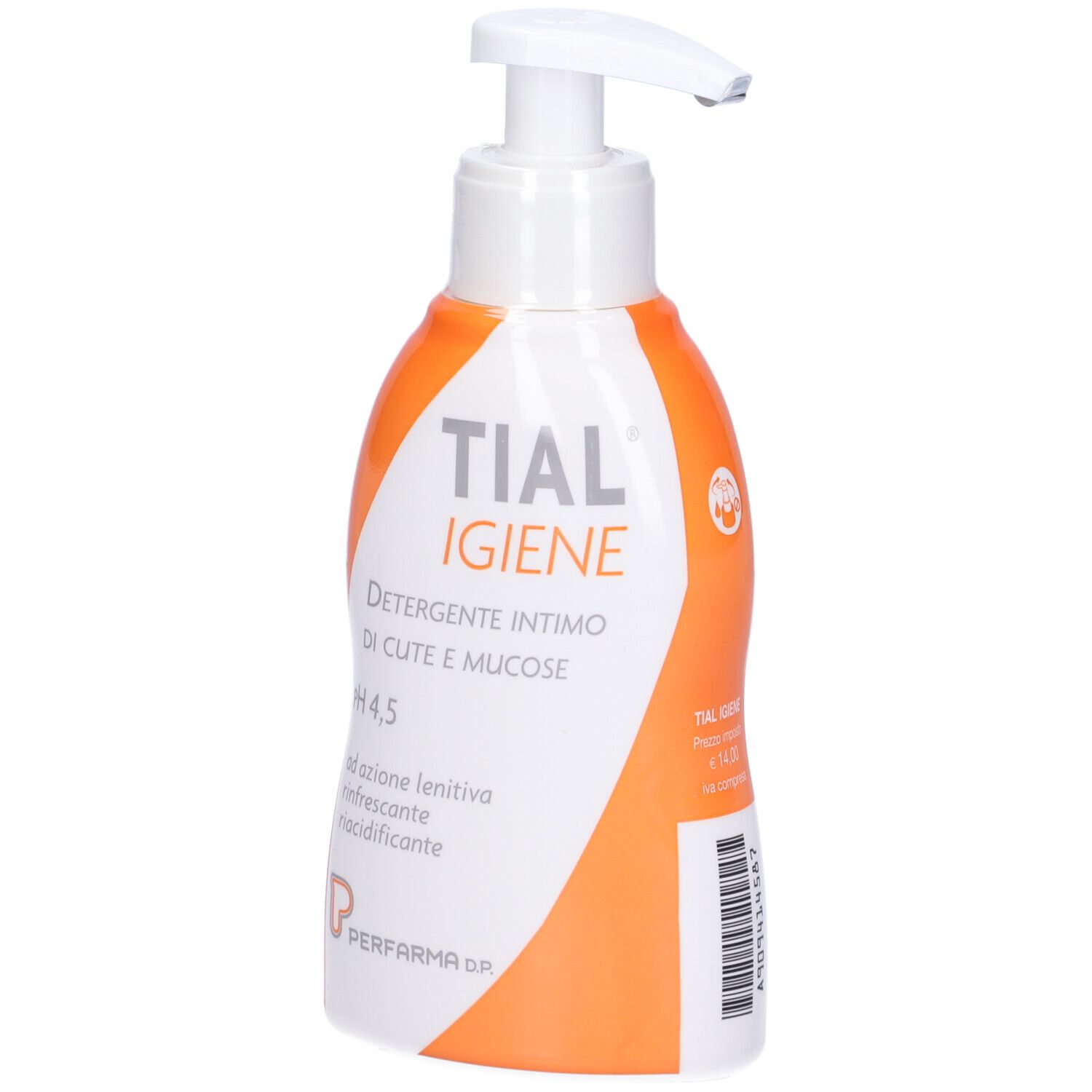 Erogatore bianco con pompa dosatrice. Corpo della bottiglia arancione. Testo: TIAL, IGINE, Detergente intimo, pH 4,5, ad azione lenitiva, rinfrescante, riacidificante.