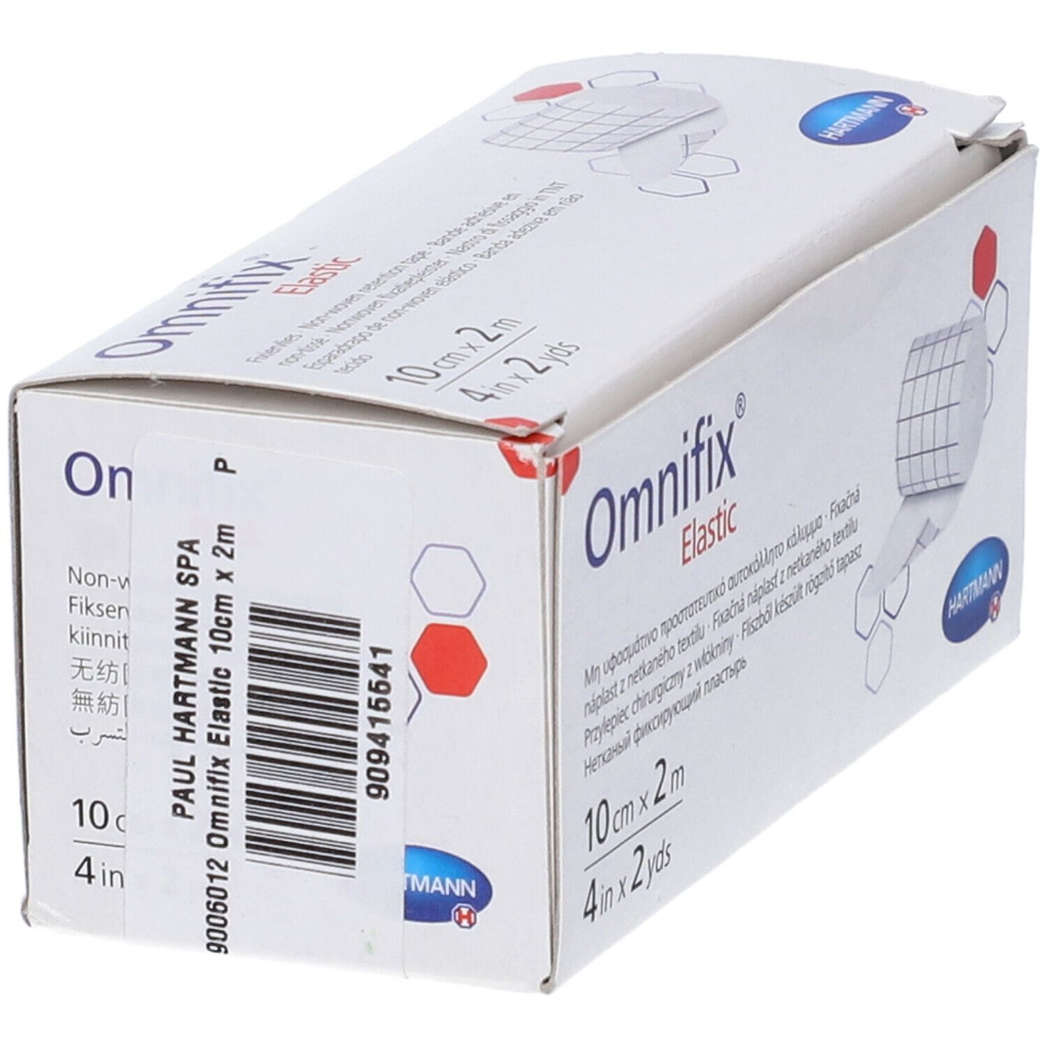 Confezione di Omnifix Elastic. Scritto: 10 cm x 2 m, 4 in x 2 yds. Marchio Hartmann. Codice a barre e informazioni del produttore.
