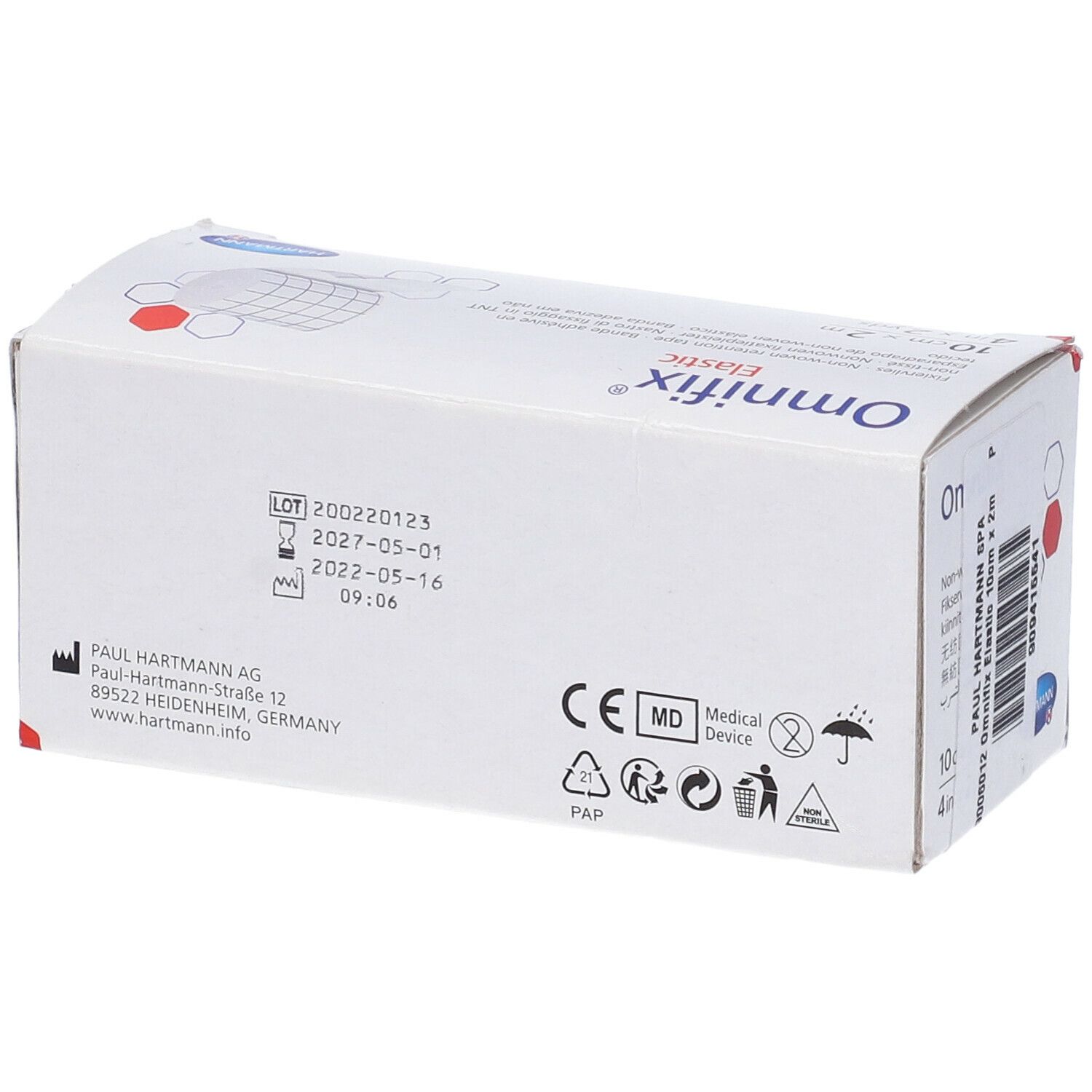 Retro della confezione di Omnifix Elastic. Scritto: marcatura CE, numero di lotto, data di scadenza e informazioni del produttore.