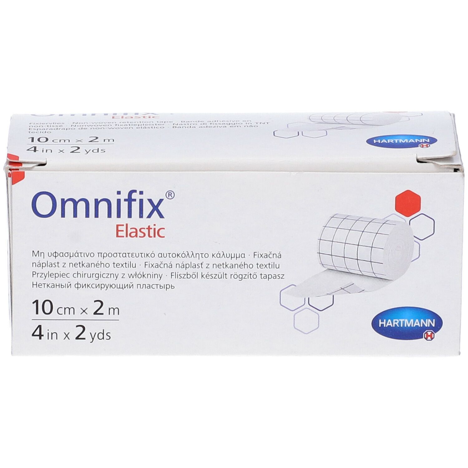Confezione di Omnifix Elastic. Scritto: 10 cm x 2 m, 4 in x 2 yds. Marchio Hartmann. Prodotto parzialmente visibile.