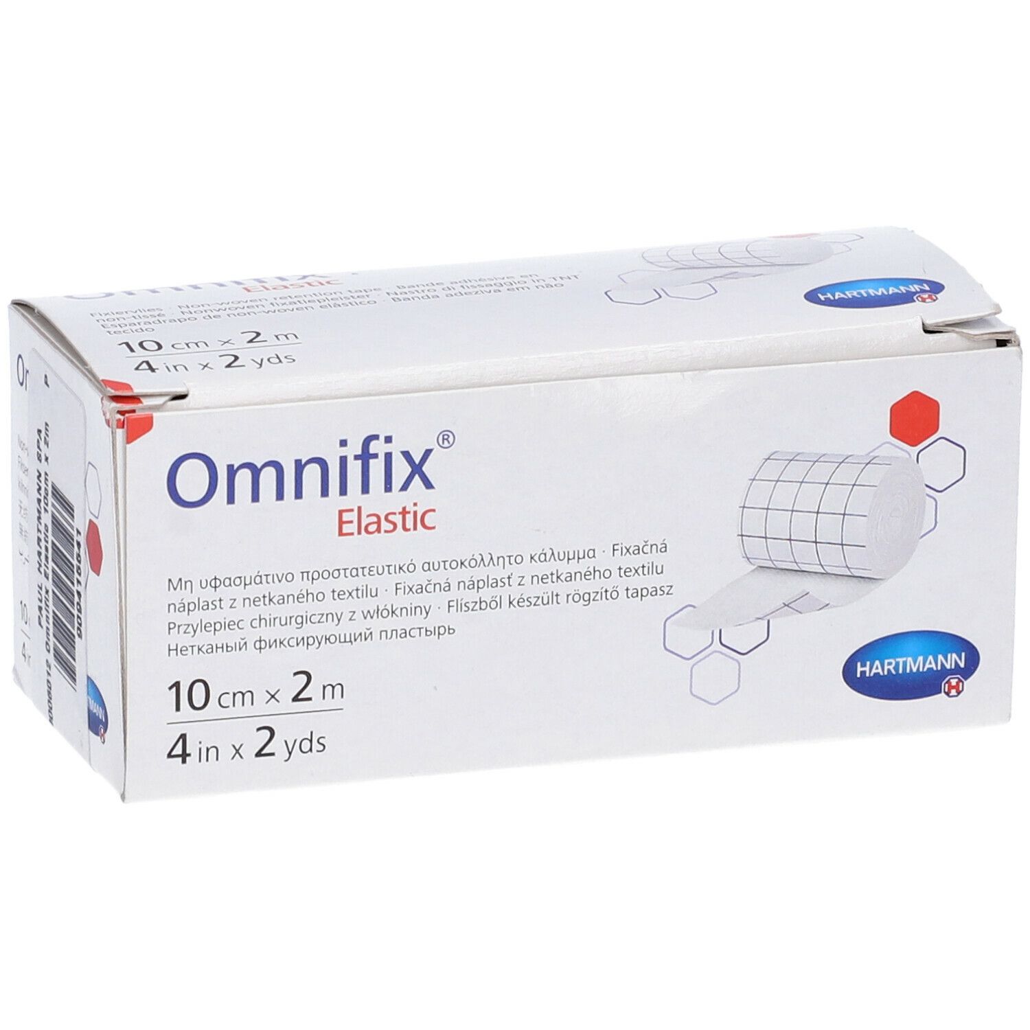 Confezione di Omnifix Elastic. Scritto: 10 cm x 2 m, 4 in x 2 yds. Marchio Hartmann. Prodotto parzialmente visibile.
