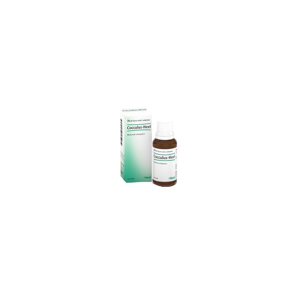 Flacone in vetro marrone e scatola. Scritta: Cocculus-Heel. Confezione verde e bianca.