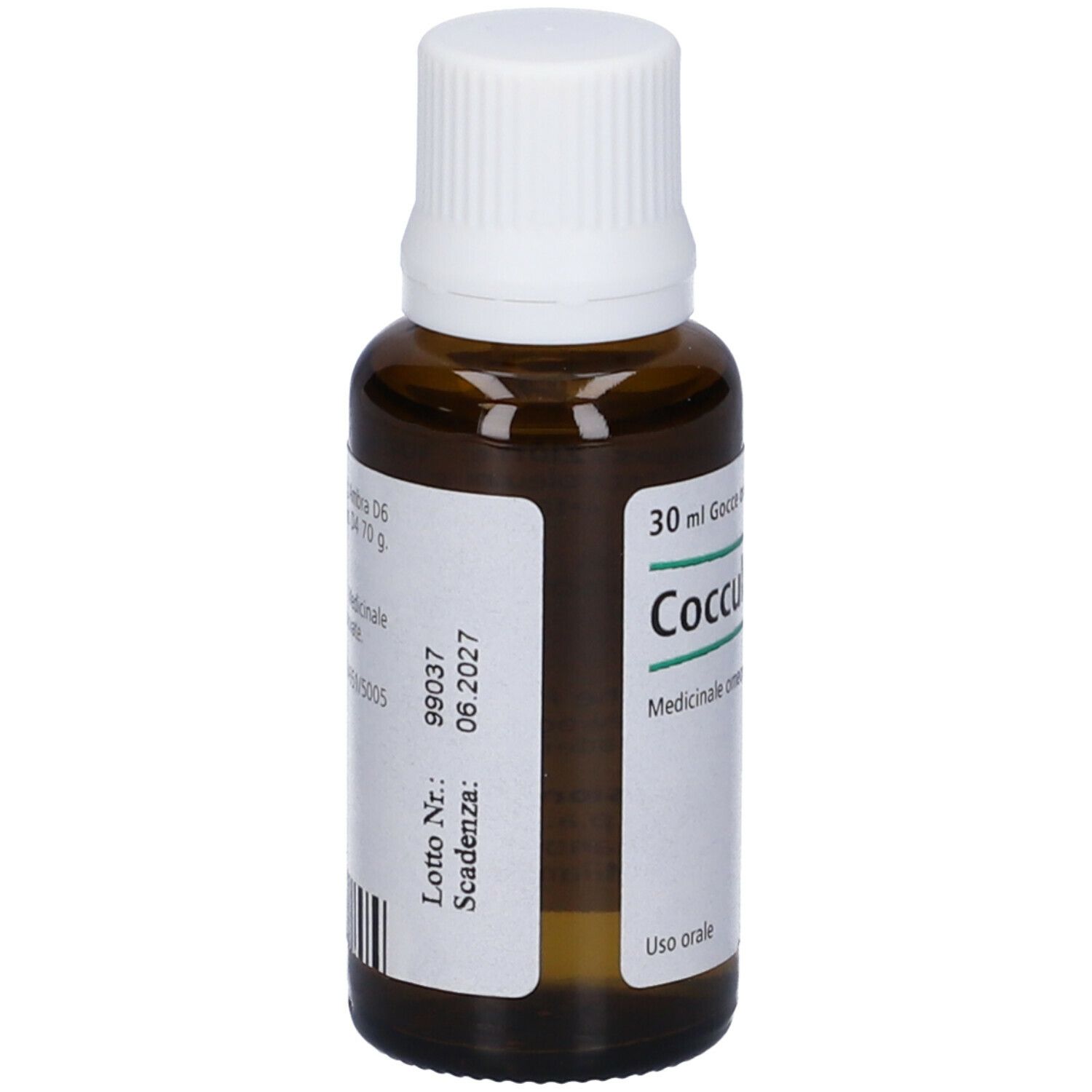 Flacone in vetro marrone con tappo bianco. Scritta: Cocculus-Heel. 30 ml gocce.