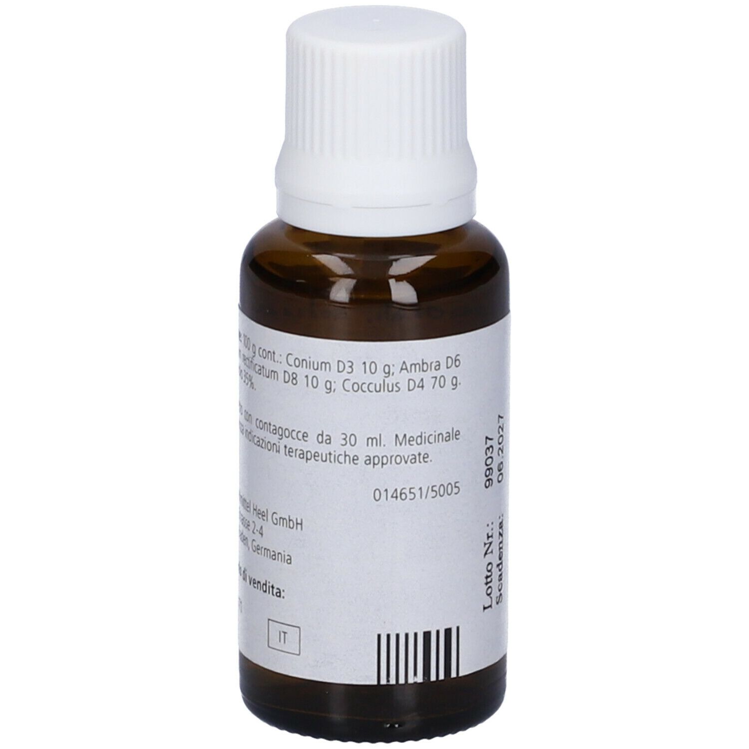Flacone in vetro marrone con tappo bianco. Scritta: Cocculus-Heel. 30 ml gocce.