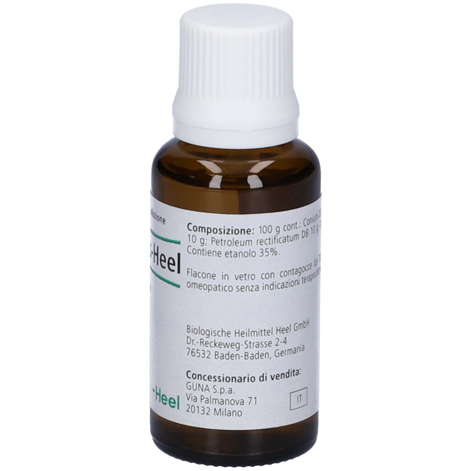 Flacone in vetro marrone con tappo bianco. Scritta: Cocculus-Heel. 30 ml gocce.