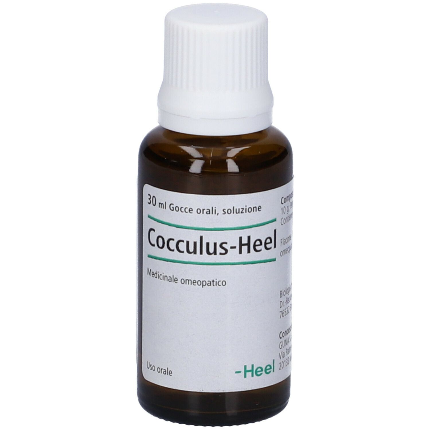 Flacone in vetro marrone con tappo bianco. Scritta: Cocculus-Heel. 30 ml gocce.