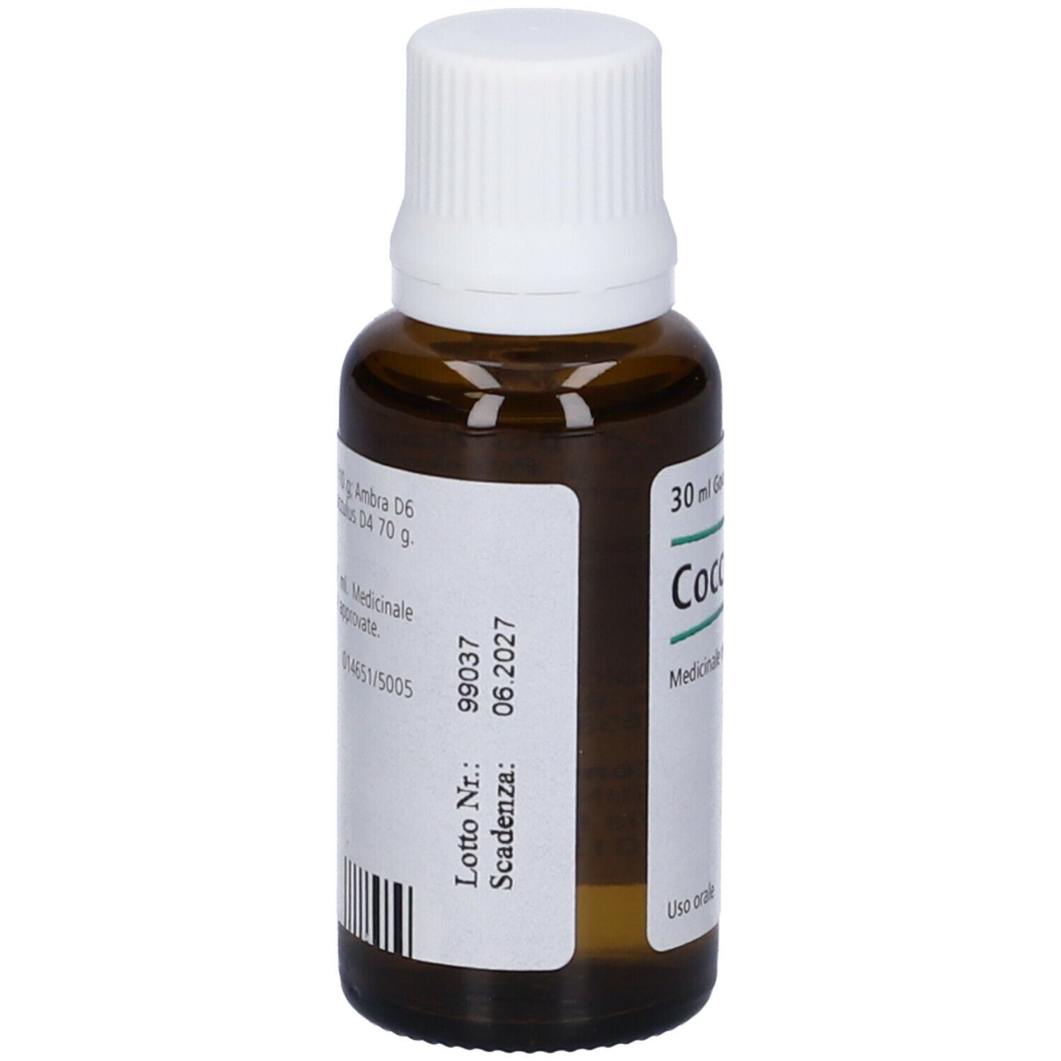 Flacone in vetro marrone con tappo bianco. Scritta: Cocculus-Heel. 30 ml gocce.