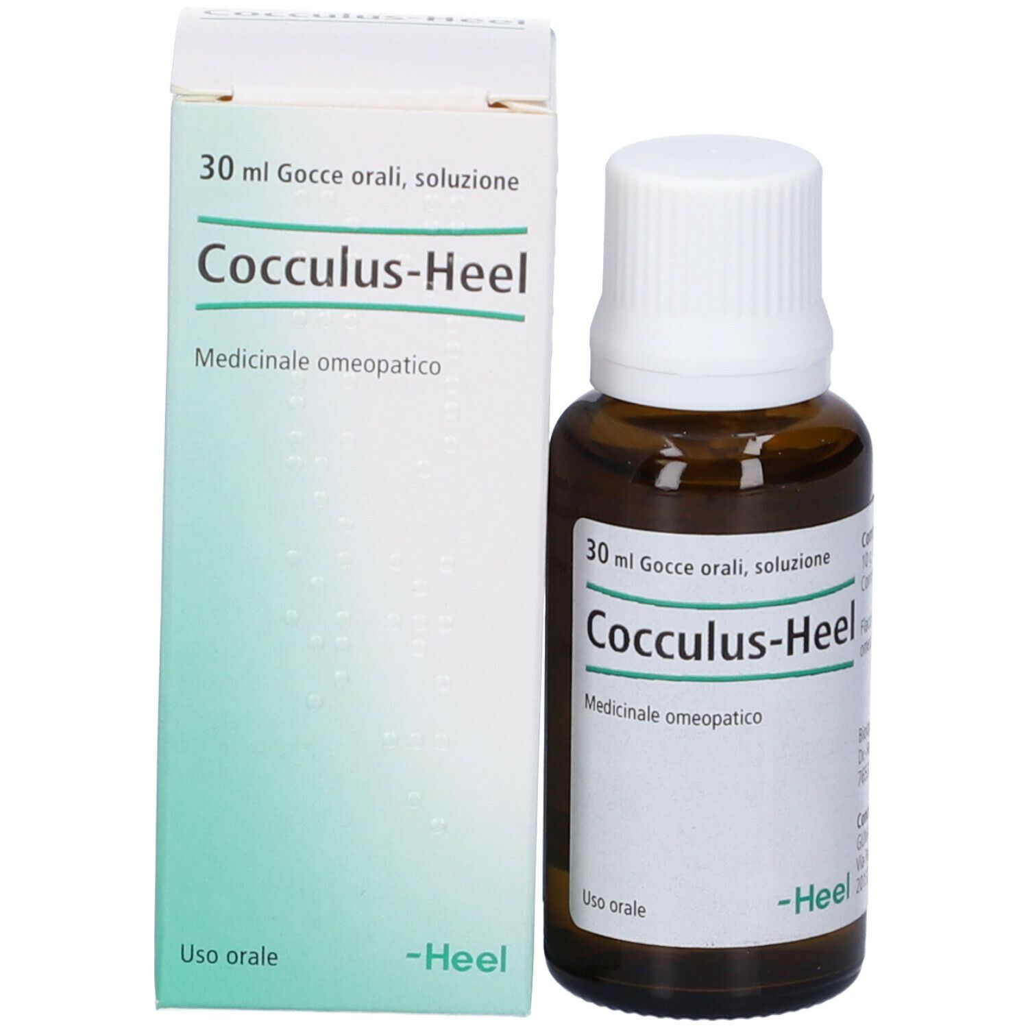 Flacone in vetro marrone e scatola. Scritta: Cocculus-Heel. 30 ml gocce.
