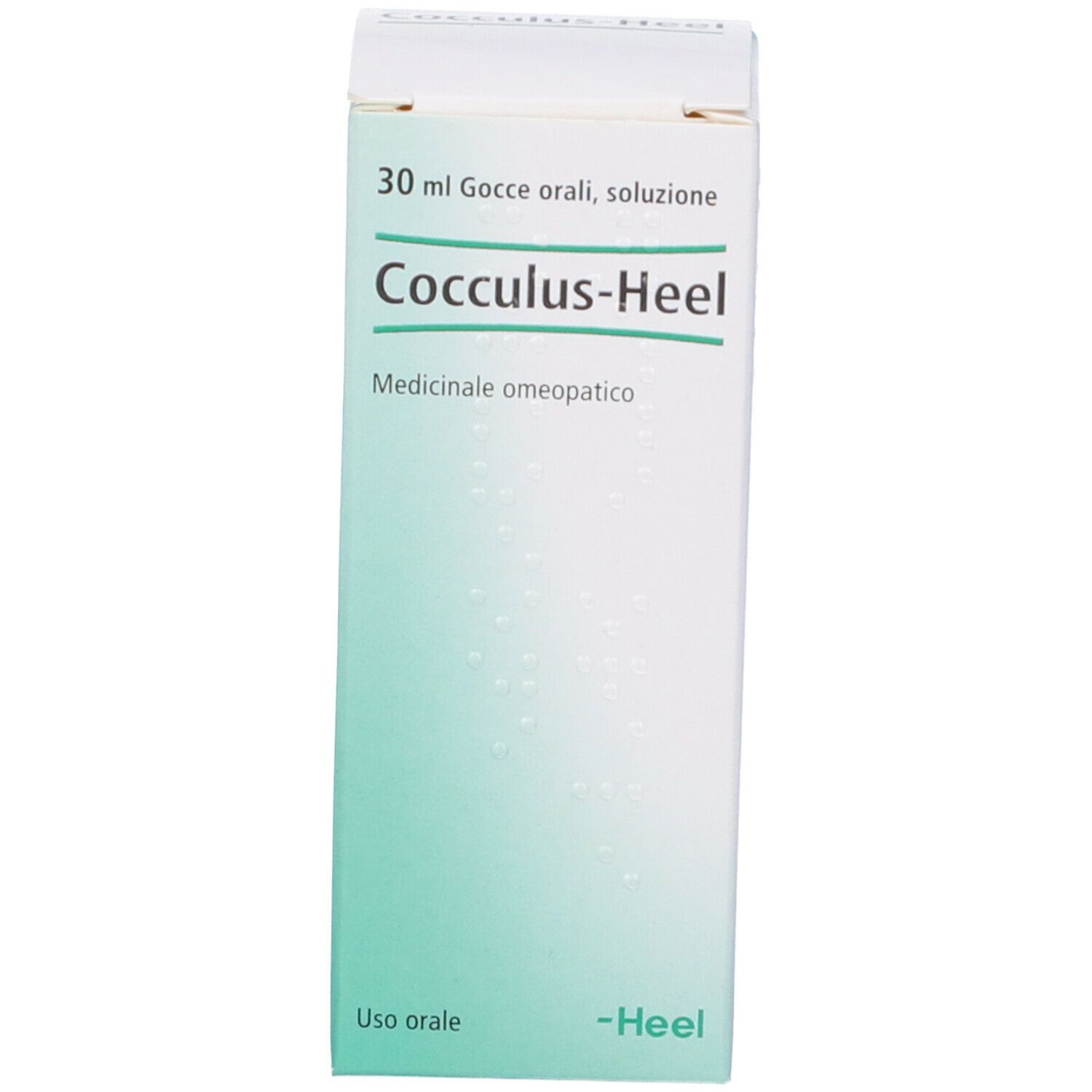 Scatola bianca. Scritta: Cocculus-Heel. 30 ml gocce.