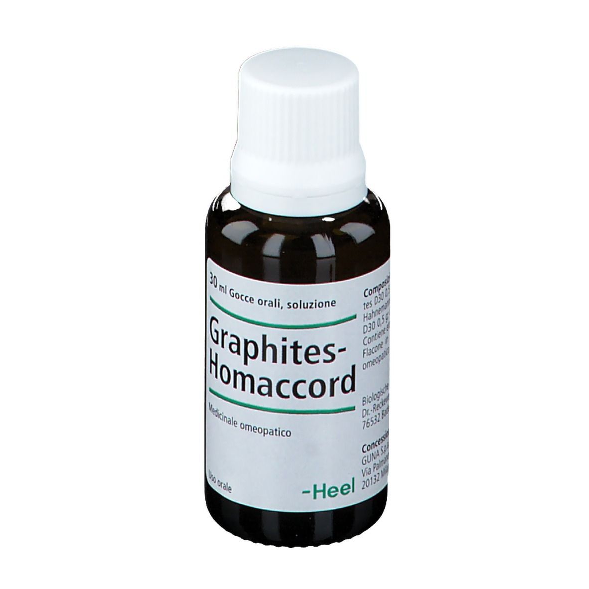 Flacone di vetro marrone con tappo bianco. Scritta: Graphites-Homaccord, 30 ml, gocce, soluzione. Marchio Heel.