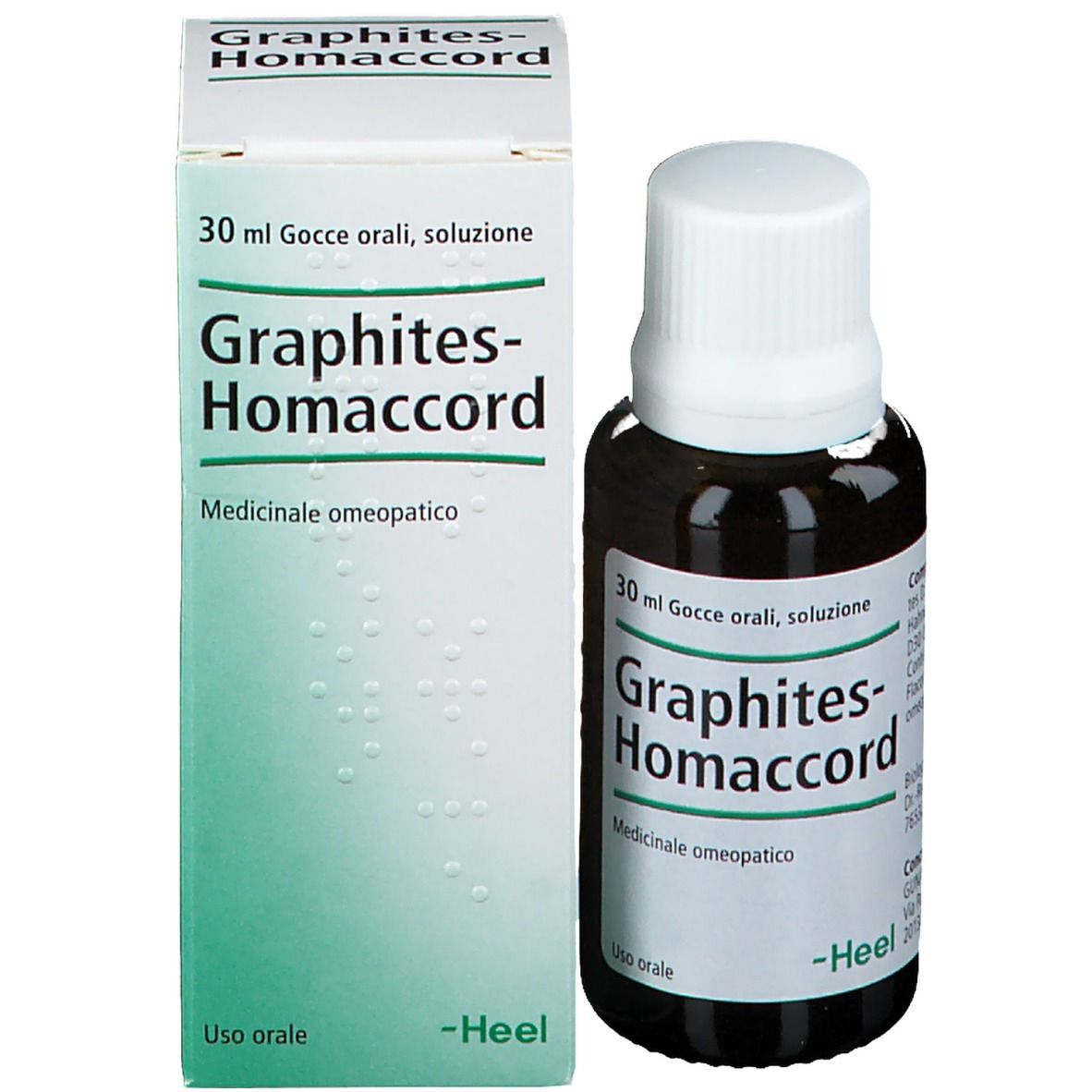 Flacone e scatola del prodotto. Scatola con nome del prodotto e marchio. Flacone: Graphites-Homaccord, 30 ml.