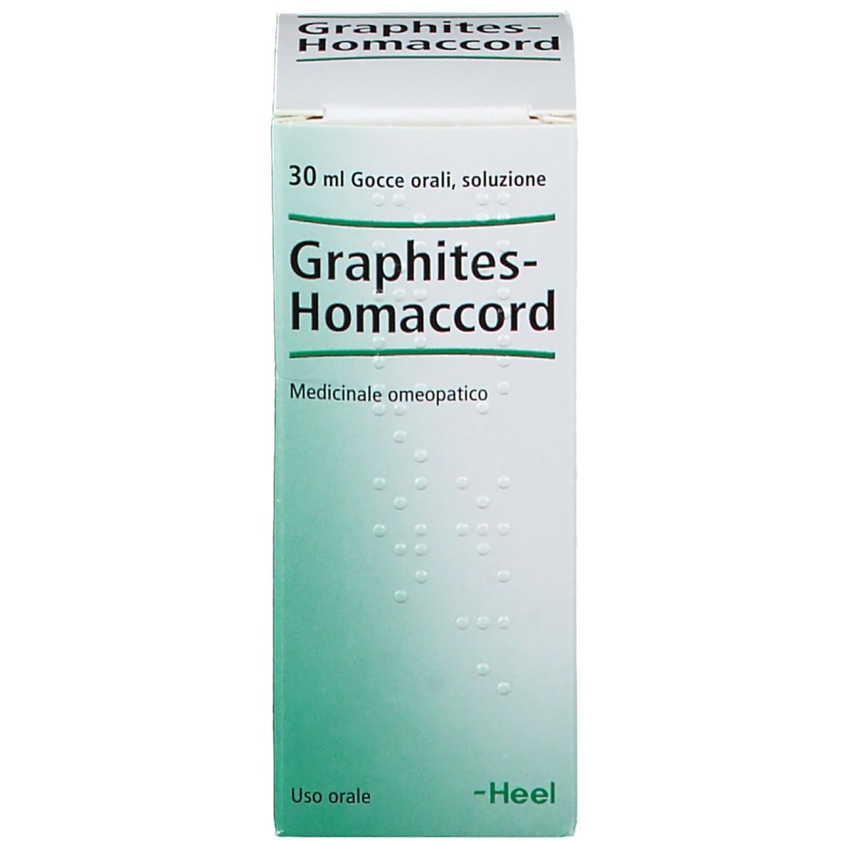 Confezione del prodotto. Scatola con nome del prodotto e marchio. Scritta: Graphites-Homaccord, 30 ml.