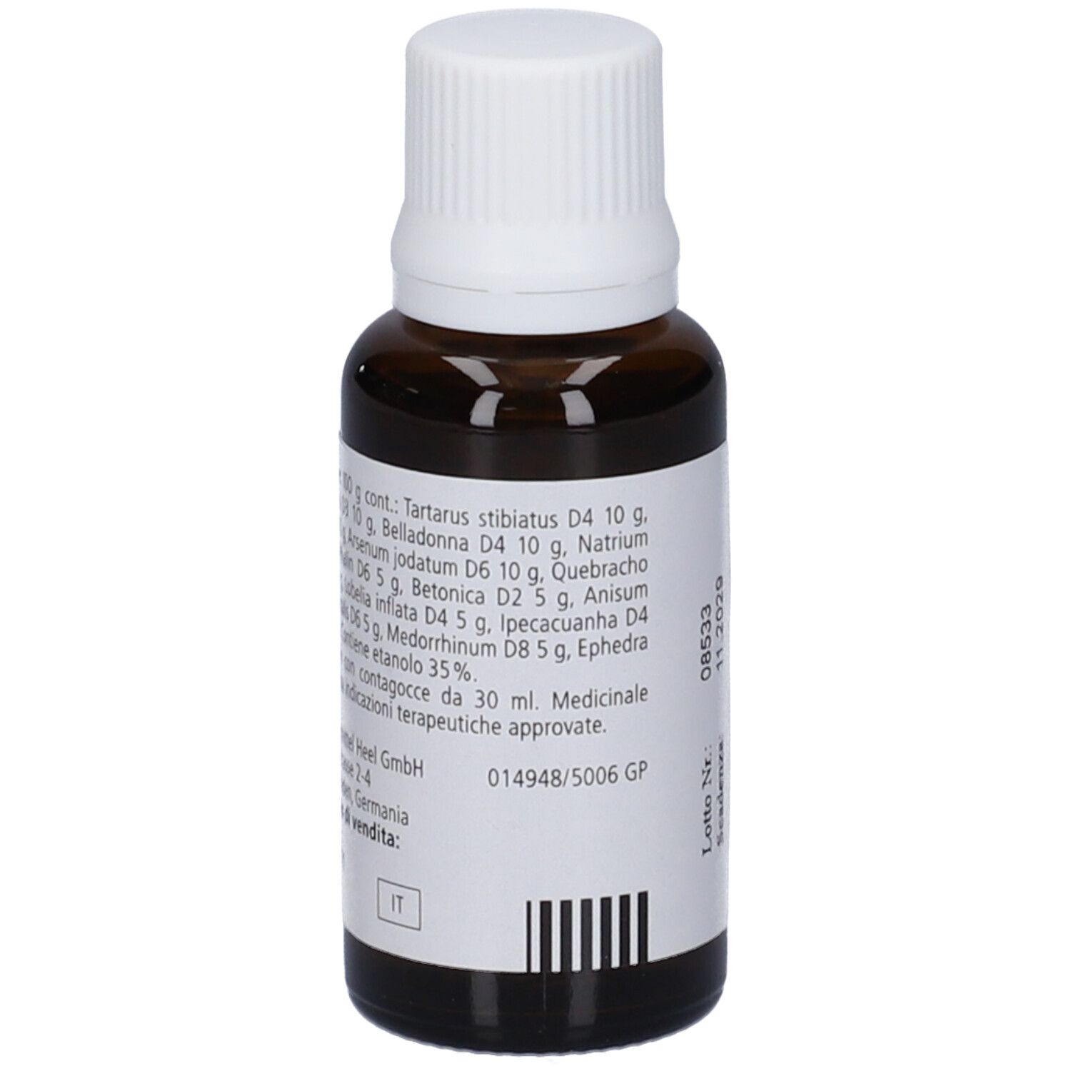 Flacone di vetro marrone con tappo bianco. Etichetta con Tartephedreel®. Testo: Gocce orali, soluzione. Logo -Heel. Ingredienti.