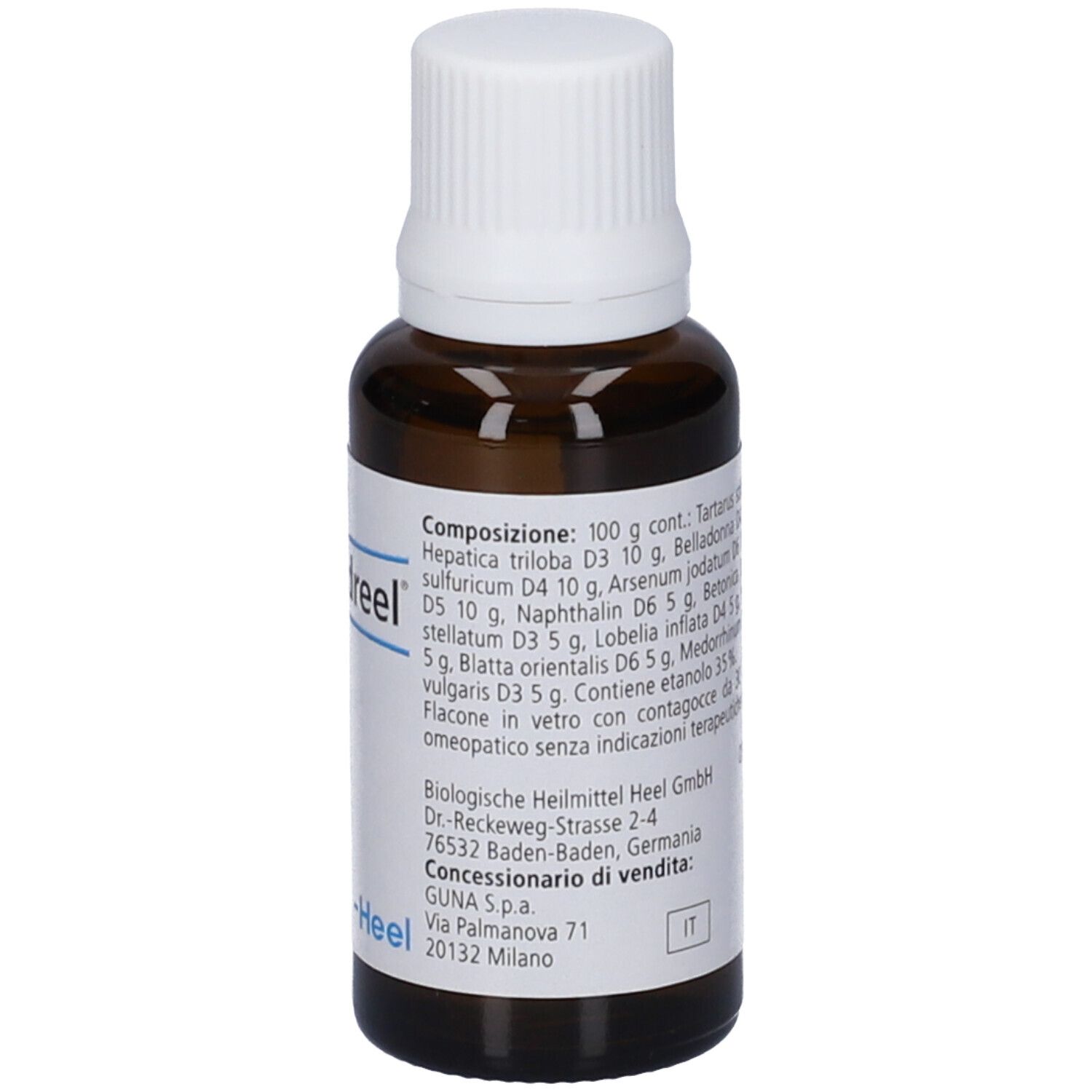 Flacone di vetro marrone con tappo bianco. Etichetta con Tartephedreel®. Testo: Gocce orali, soluzione. Logo -Heel. Ingredienti.