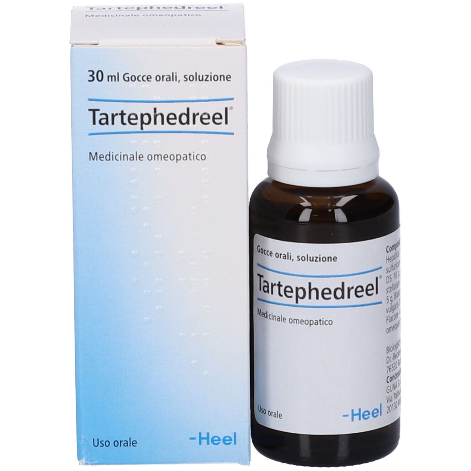 Flacone di vetro marrone con tappo bianco e scatola bianca. Tartephedreel®. Testo: Gocce orali, soluzione. Logo -Heel.