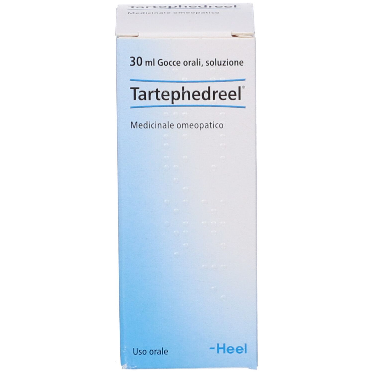 Scatola bianca con Tartephedreel®. Testo: 30 ml Gocce orali, soluzione. Gocce mediche. Logo -Heel.