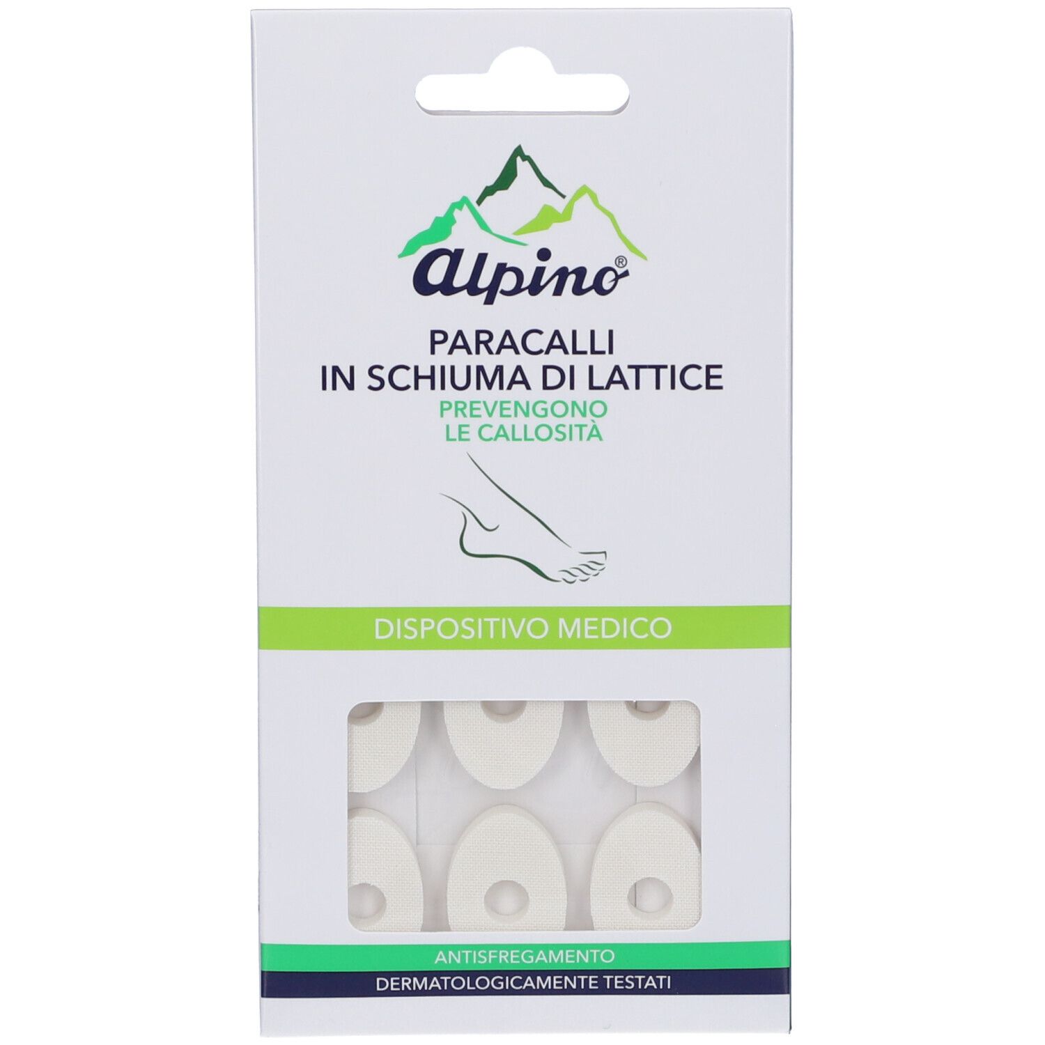 Confezione Alpino Paracalli. Cerotti ovali in schiuma di lattice. Testo: 'PREVENGONO LE CALLOSITA'. Dispositivo medico. 6 cerotti visibili.