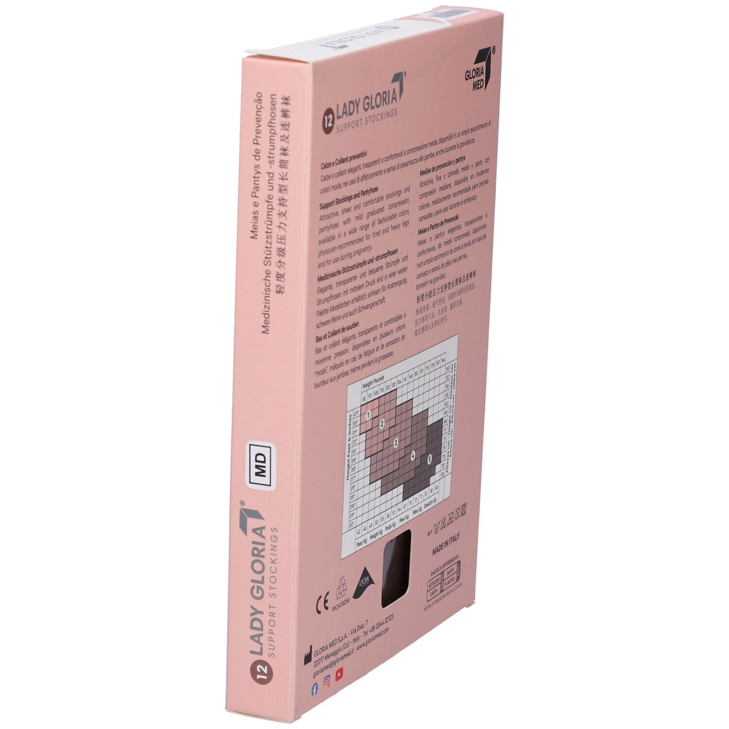 Retro della confezione di calze Ladygloria. Testo multilingue. Tabella taglie.