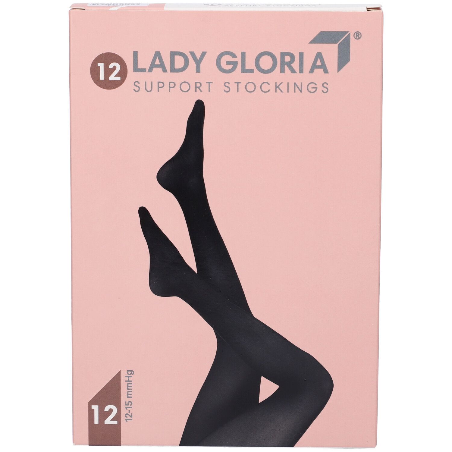 Retro della confezione di calze Ladygloria. Testo multilingue. Tabella taglie.