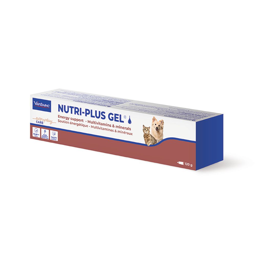 Confezione di Virbac Nutri-plus Gel. Scritta: NUTRI-PLUS GEL. Per gatti e cani. Multivitamine e minerali. 120 g.
