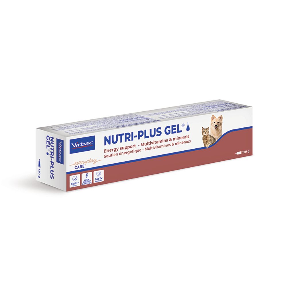 Confezione di Nutri-Plus Gel. Scritto: Supporto energetico per cani e gatti. Marchio Virbac. 120g.