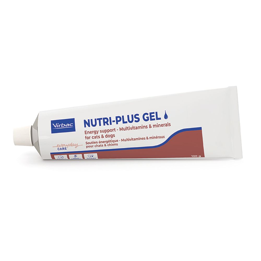 Tubo di Virbac Nutri-plus Gel. Scritta: NUTRI-PLUS GEL. Per gatti e cani. Multivitamine e minerali.