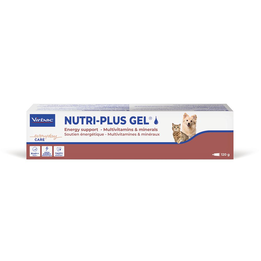 Confezione di Virbac Nutri-plus Gel. Scritta: NUTRI-PLUS GEL. Per gatti e cani. Multivitamine e minerali. 120 g.