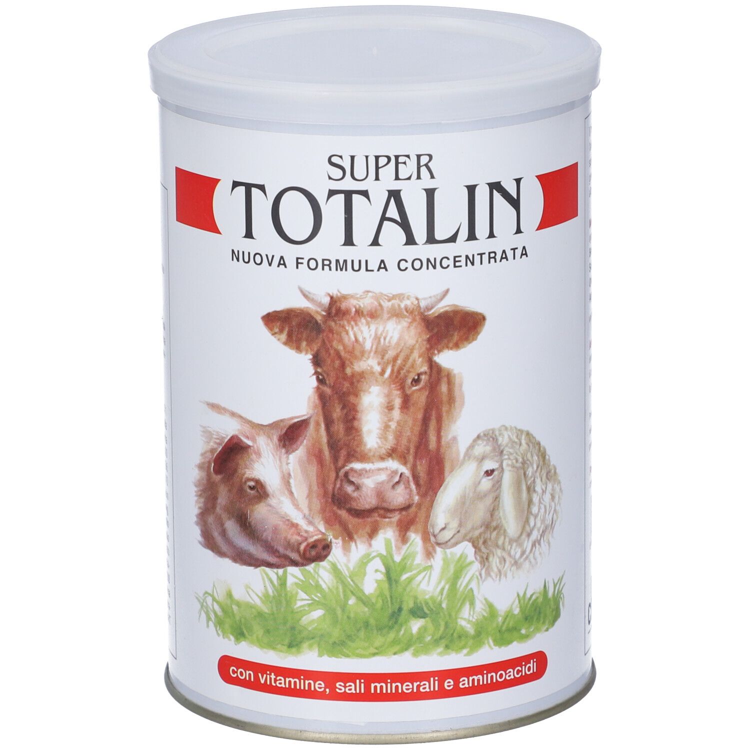 Latta con stampa. Motivo: mucca, maiale, pecora. Testo: SUPER TOTALIN, NUOVA FORMULA CONCENTRATA. Con vitamine, sali minerali e aminoacidi.