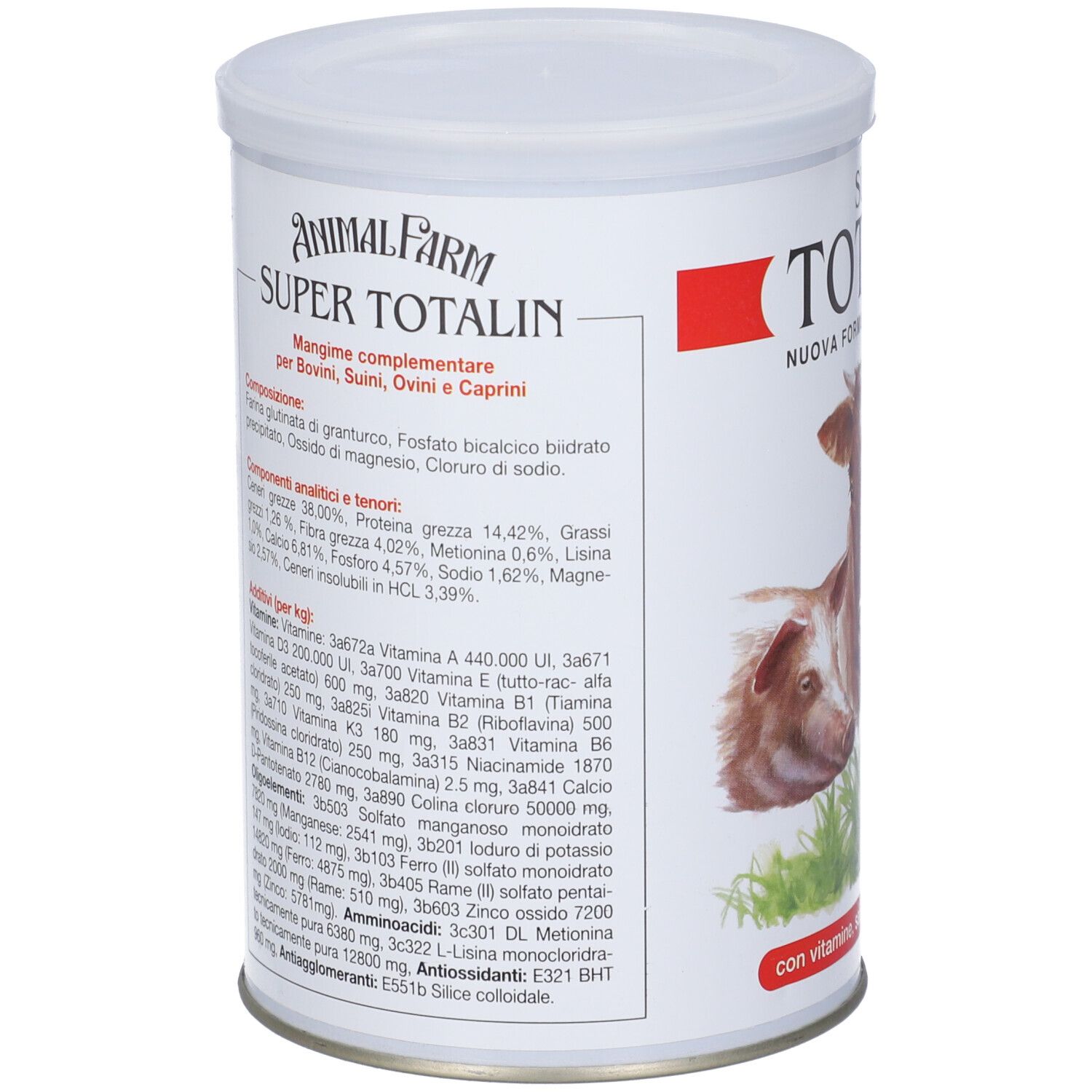Latta con testo e ingredienti. Testo: ANIMAL FARM SUPER TOTALIN. Per bovini, suini, ovini e caprini. Ingredienti e analisi.
