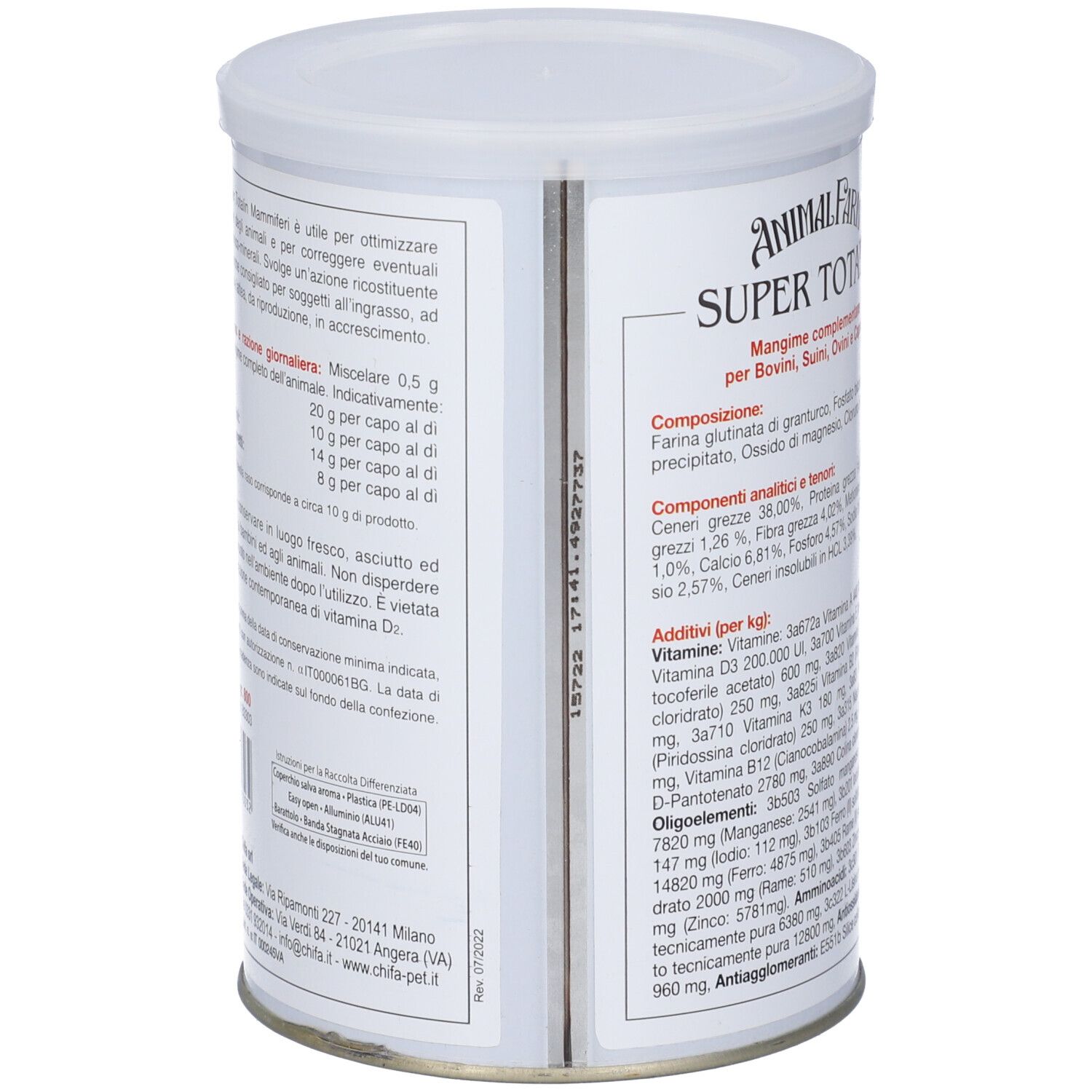 Latta con testo. Testo: ANIMAL FARM SUPER TOTALIN. Raccomandazioni per l'alimentazione. Composizione. Ingredienti. Additivi.