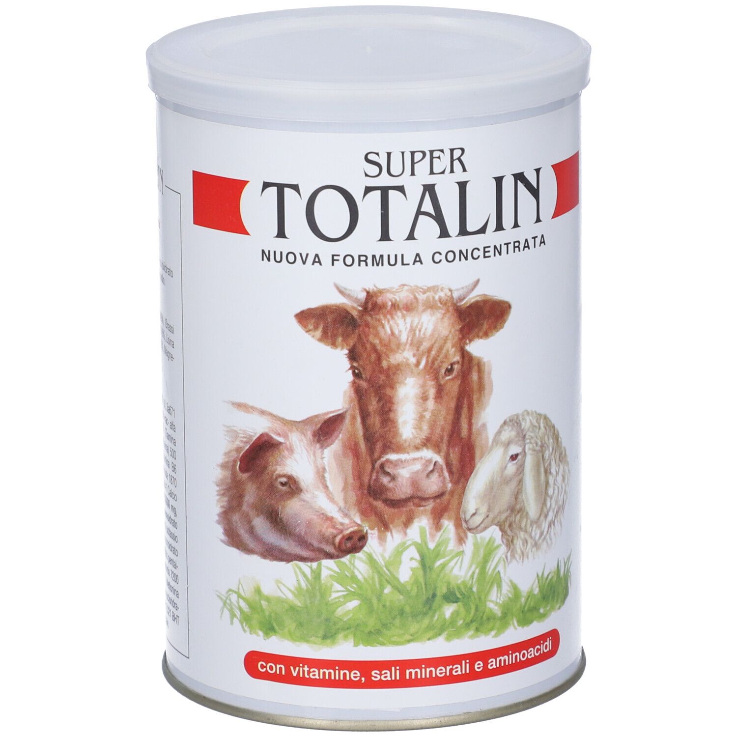 Latta con stampa. Motivo: mucca, maiale, pecora. Testo: SUPER TOTALIN, NUOVA FORMULA CONCENTRATA. Con vitamine, sali minerali e aminoacidi.