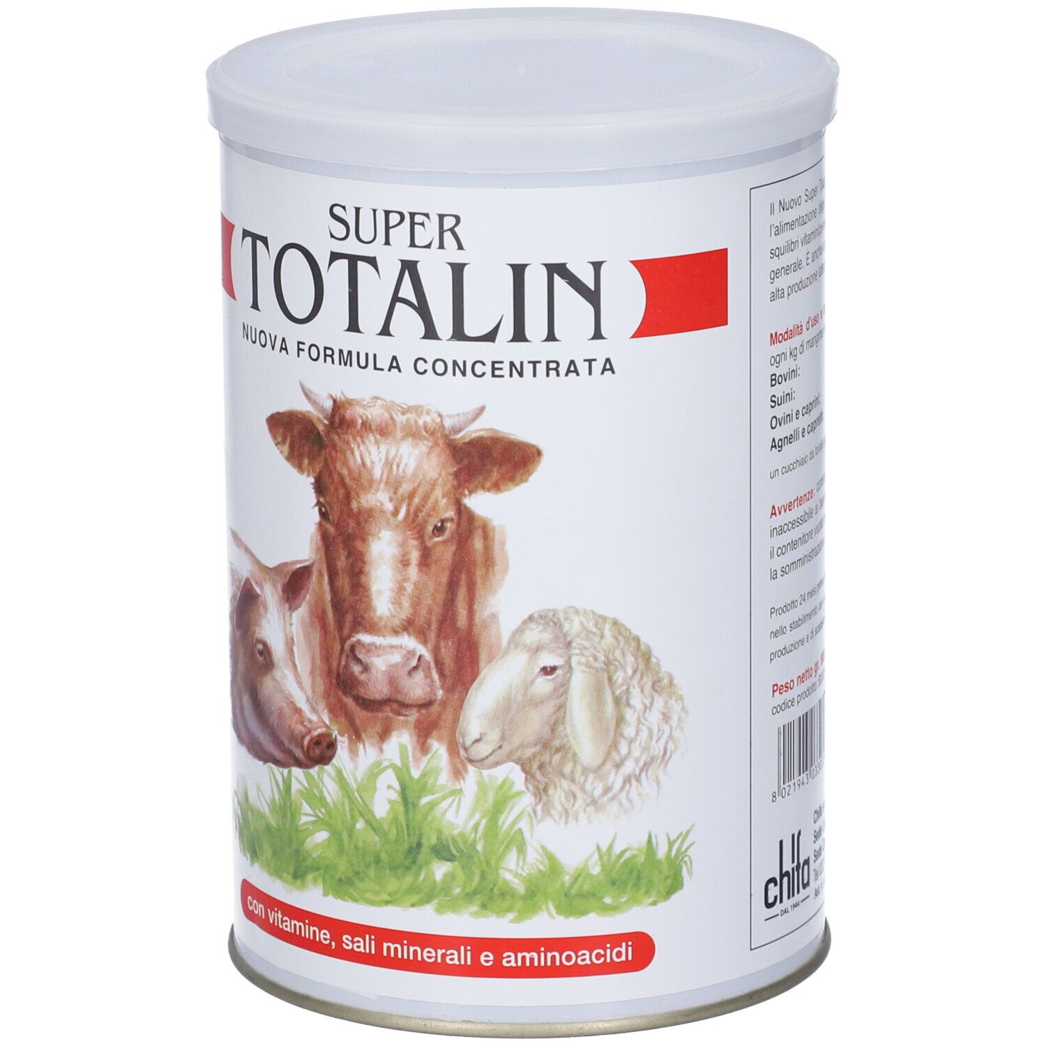 Latta con stampa. Motivo: mucca, maiale, pecora. Testo: SUPER TOTALIN, NUOVA FORMULA CONCENTRATA. Con vitamine, sali minerali e aminoacidi.