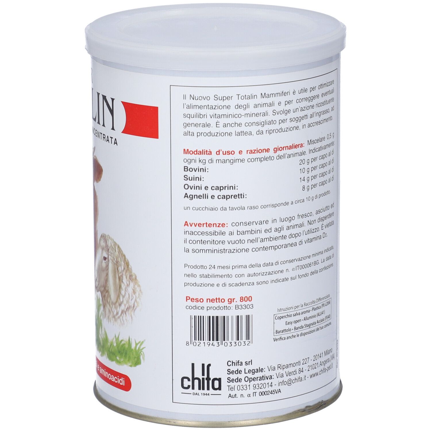 Latta con testo. Testo: Nuovo Super Totalin Mammiferi. Raccomandazioni per l'alimentazione. Peso 800 g. Informazioni produttore.
