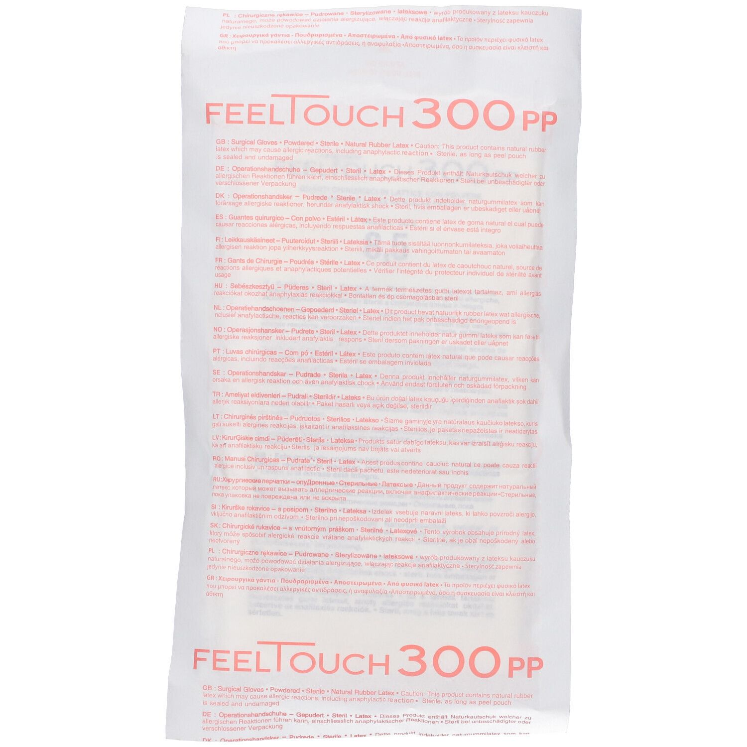 Confezione di guanti chirurgici. Scritta: FEELTOUCH 300 PP. Testo in diverse lingue.