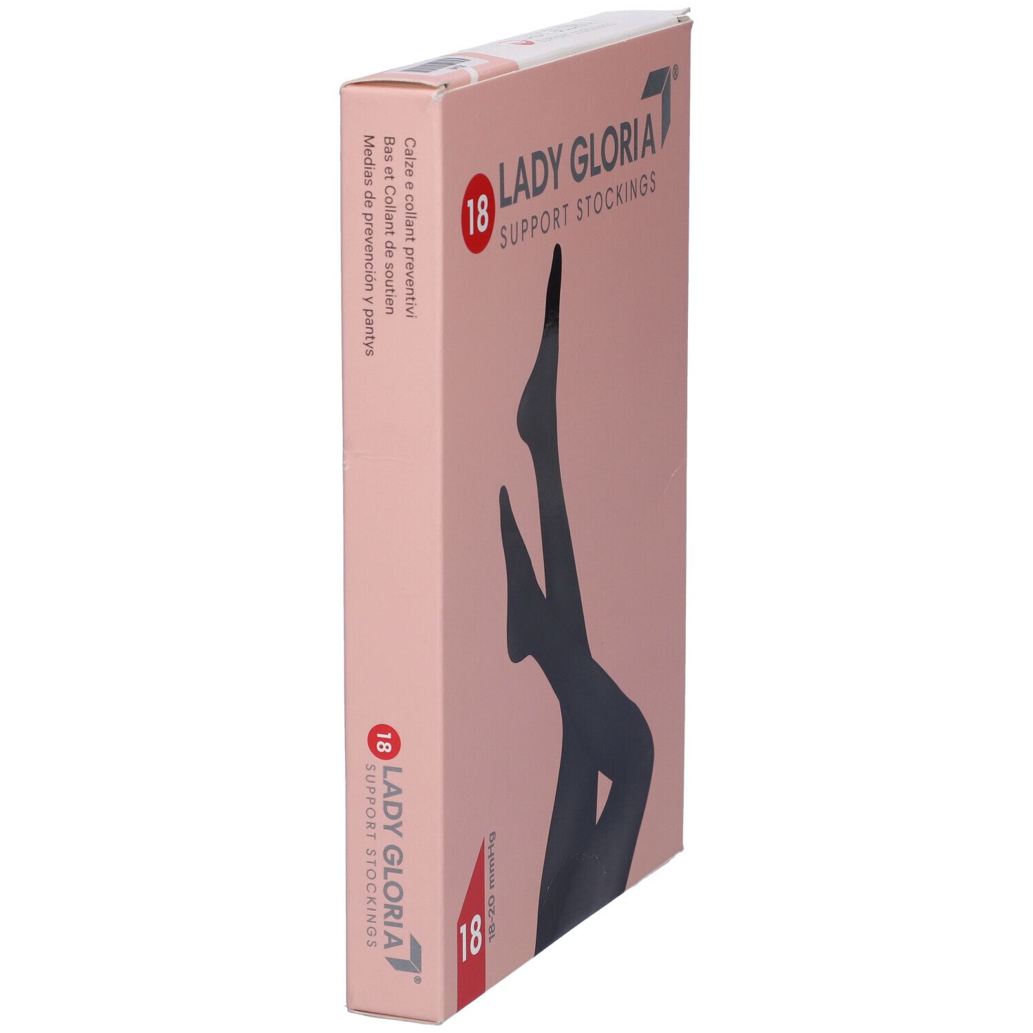 Confezione di calze Ladygloria 18, vista laterale. Scatola rosa con testo: 18, Ladygloria, Support Stockings. Illustrazione di gambe.