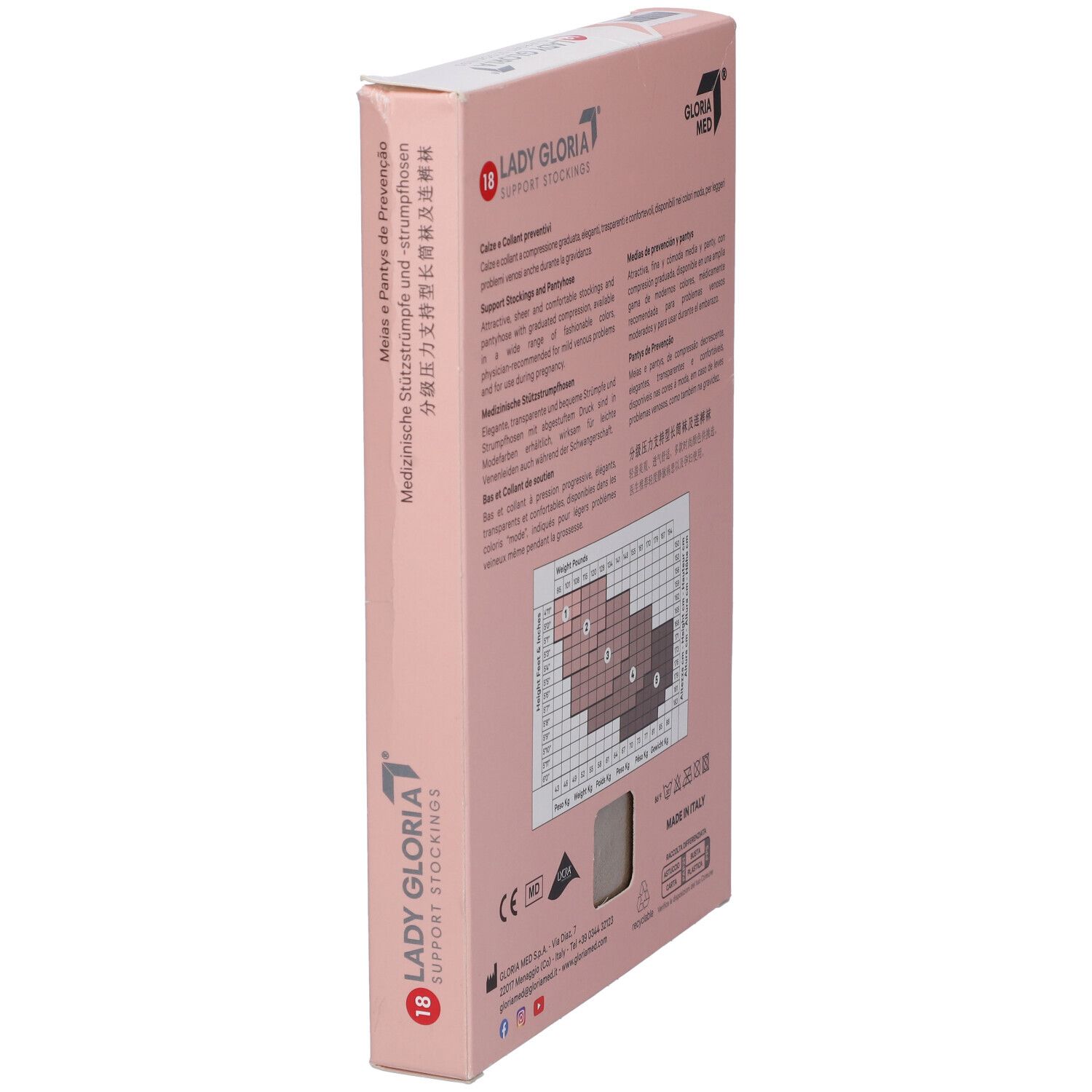 Confezione Ladygloria 18, vista laterale. Scatola rosa con testo e tabella taglie. Testo: Ladygloria, Made in Italy, marchio CE.