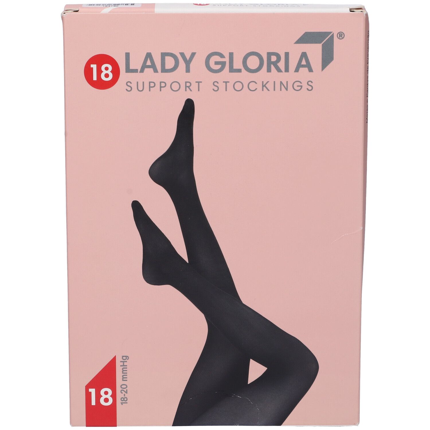 Confezione di calze Ladygloria 18. Scatola rosa con illustrazione di gambe nere. Testo: 18, Ladygloria, Support Stockings.