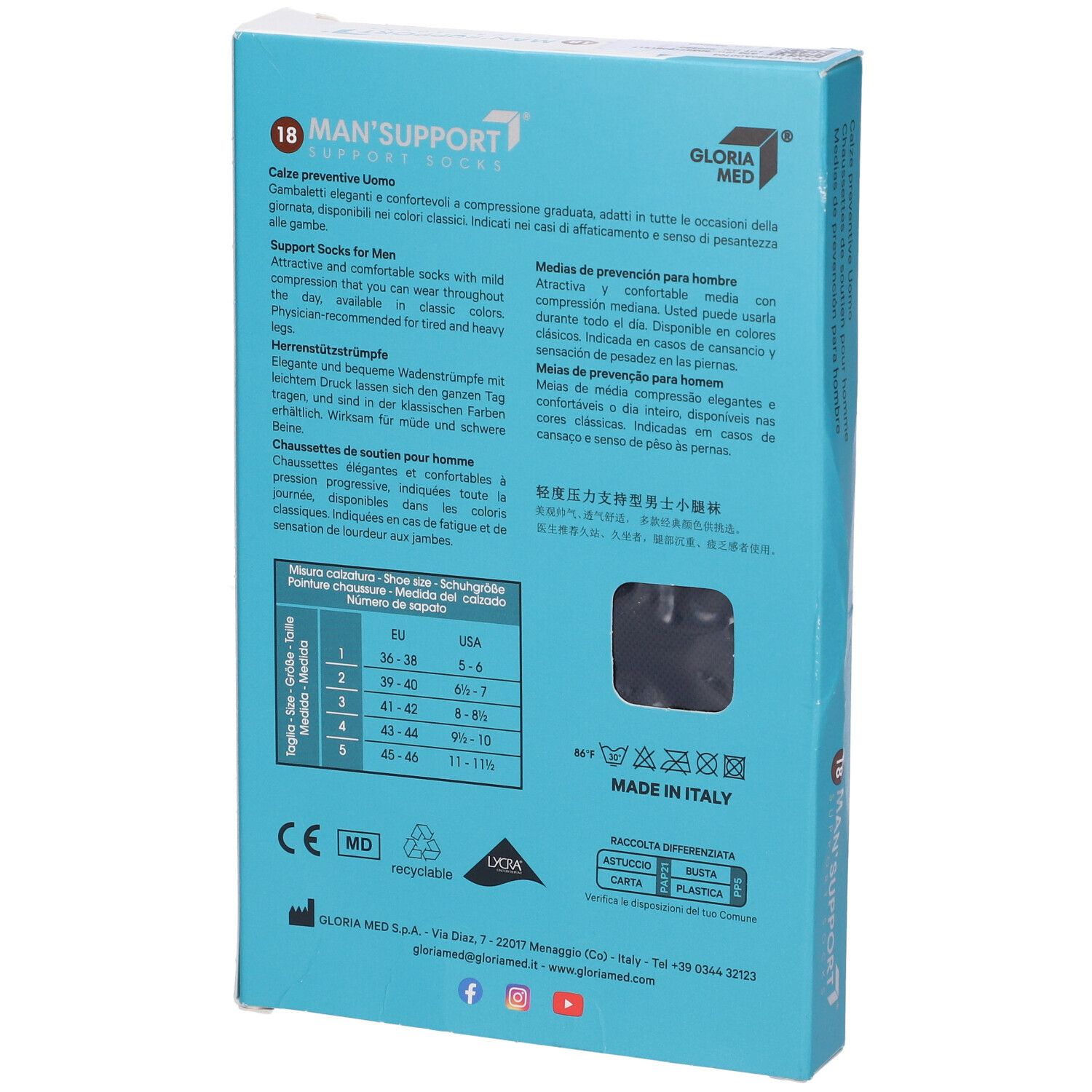 Retro della confezione di calze Man Support 18. Testo: Gloria Med, taglie, Made in Italy.